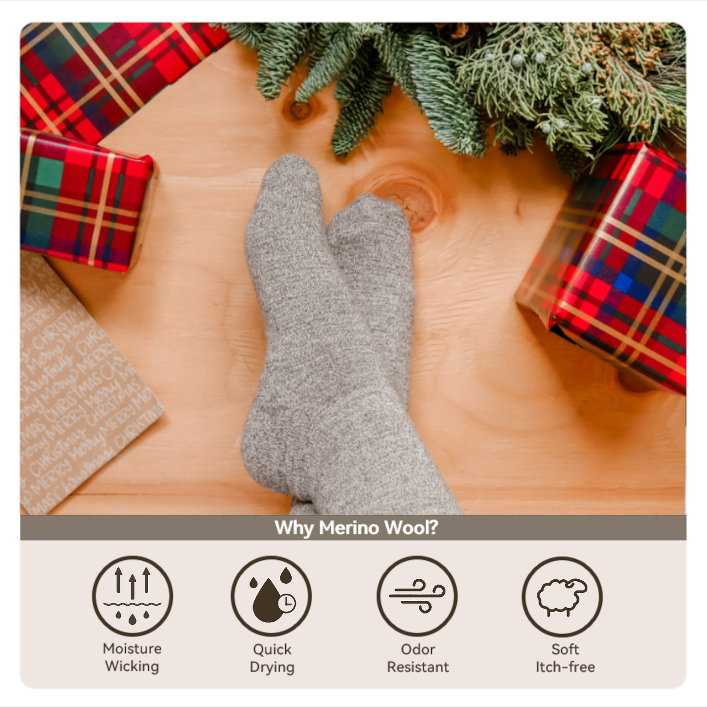 Merino Wool Socks Men, Moisture Wicking Socks Men 3 Pairs, Casual Athletic Crew Socks (Light Grey)