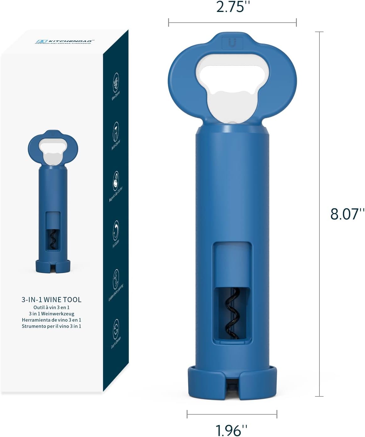 KITCHENDAO 3 in 1 Wine Corkscrew in Plastic with Foil Cutter