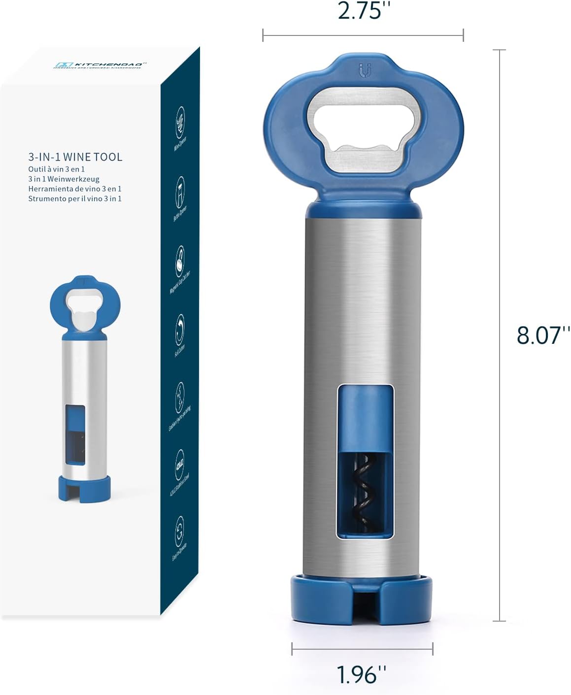 KITCHENDAO 3 in 1 Wine Corkscrew in Stainless Steel with Foil Cutter