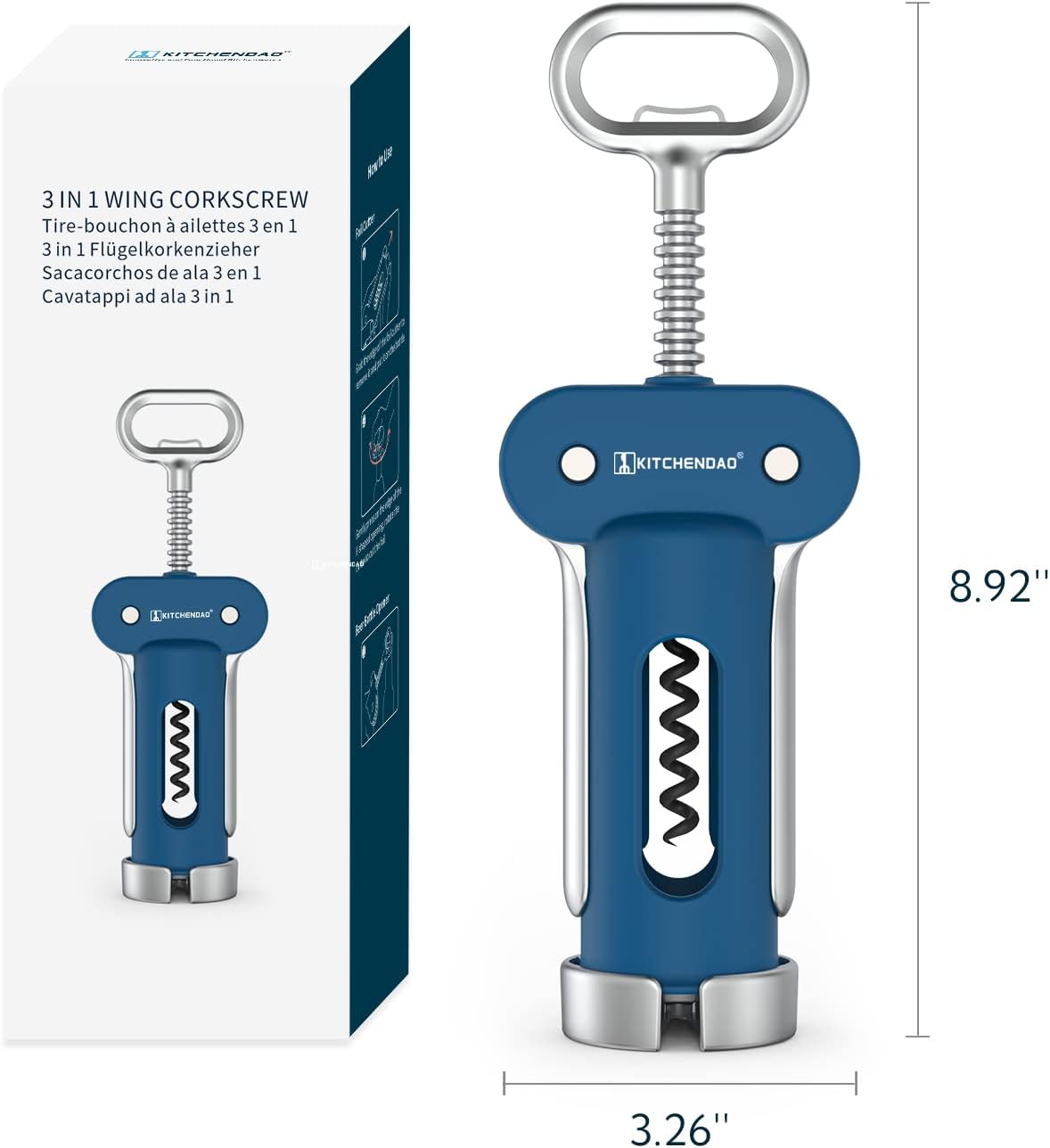 KITCHENDAO Wine Opener 3 in 1, Multifunctional Wing Corkscrew for Wine Enthusiast, Bartenders, Waiters