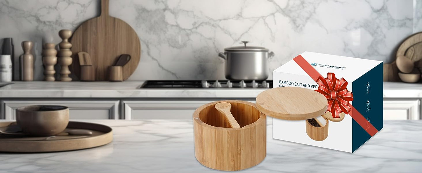 KITCHENDAO Bamboo Salt and Pepper Bowl with Magnetic Swivel Lid and Spoon, Dual 5OZ Capacity