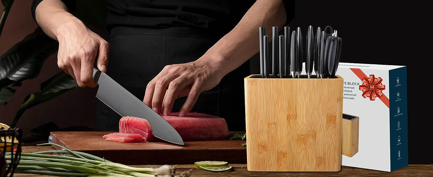 KITCHENDAO Universal Knife Block in Bamboo with Slots for Scissors and Sharpening Rod, Capacity 16 Knives
