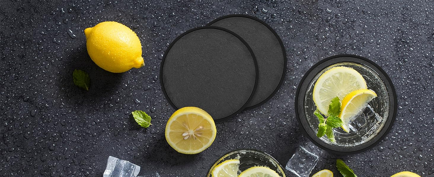 KITCHENDAO Slate Drink Coasters with Holder, 4 Inch, 8 Pack