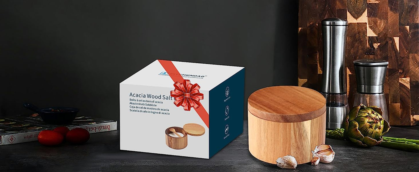 KITCHENDAO Salt Cellar with Swivel Lid and Spoon in Acacia Wood, 6OZ Capacity