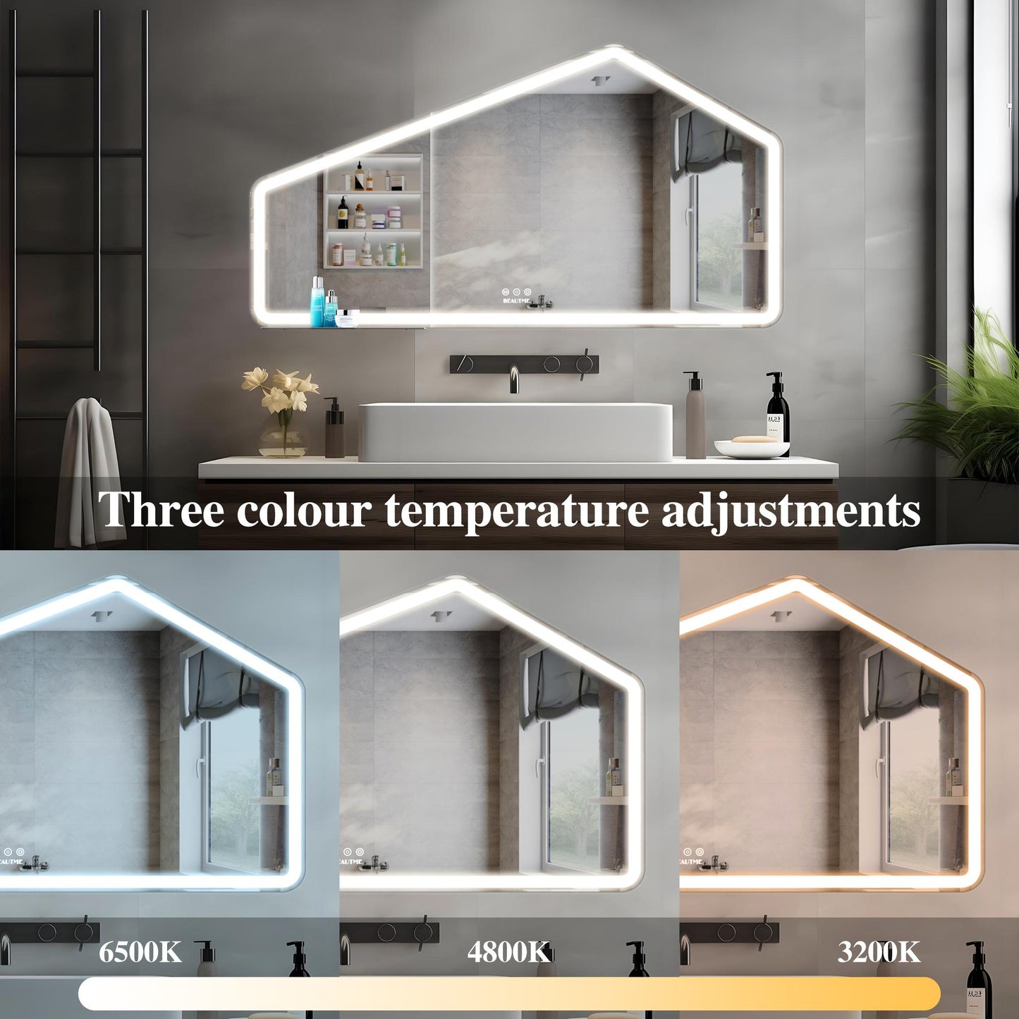 52*28 inch LED Bathroom Vanity Mirror Wall Mounted Adjustable White/Warm/Natural Lights Anti-Fog Touch Switch with Memory Modern Smart Large Bathroom Mirrors