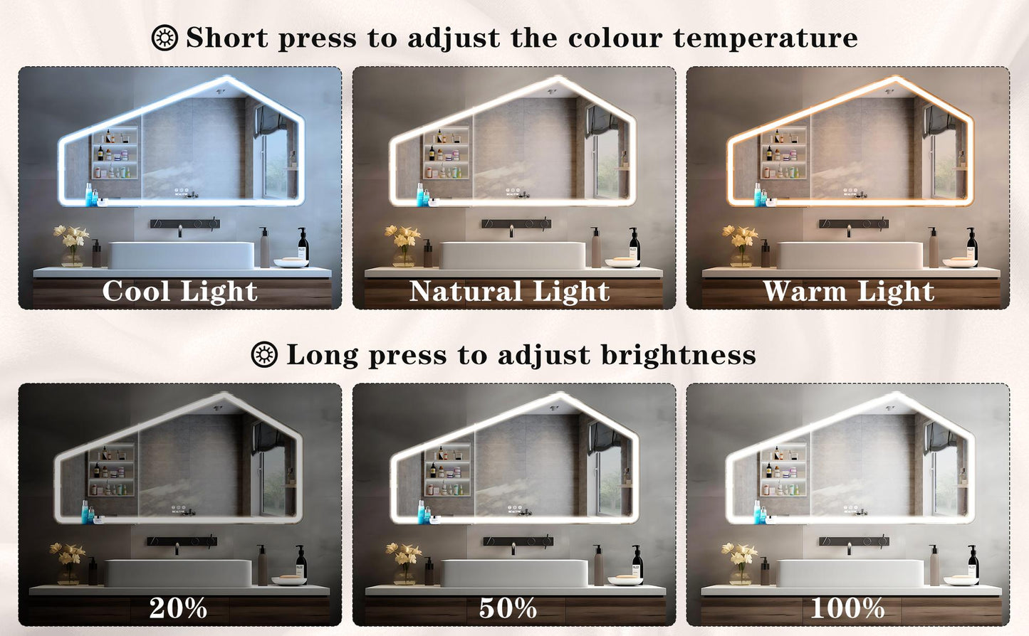 52*28 inch LED Bathroom Vanity Mirror Wall Mounted Adjustable White/Warm/Natural Lights Anti-Fog Touch Switch with Memory Modern Smart Large Bathroom Mirrors