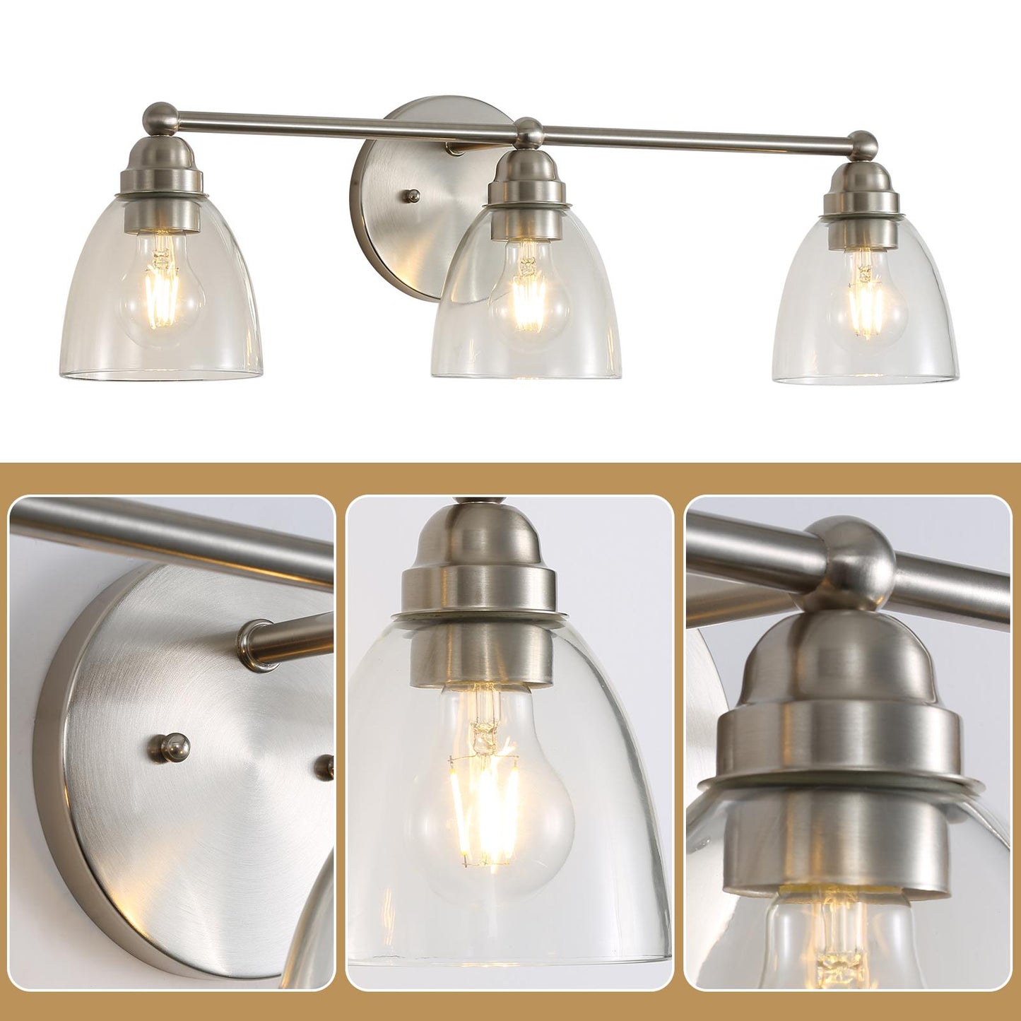 Modern 3-Light Brushed Nickel Bathroom Vanity Light with Clear Glass Shade, E26 Wall Sconces Over Mirror for Living Room Bedroom Hallway (Bulb Not Included)