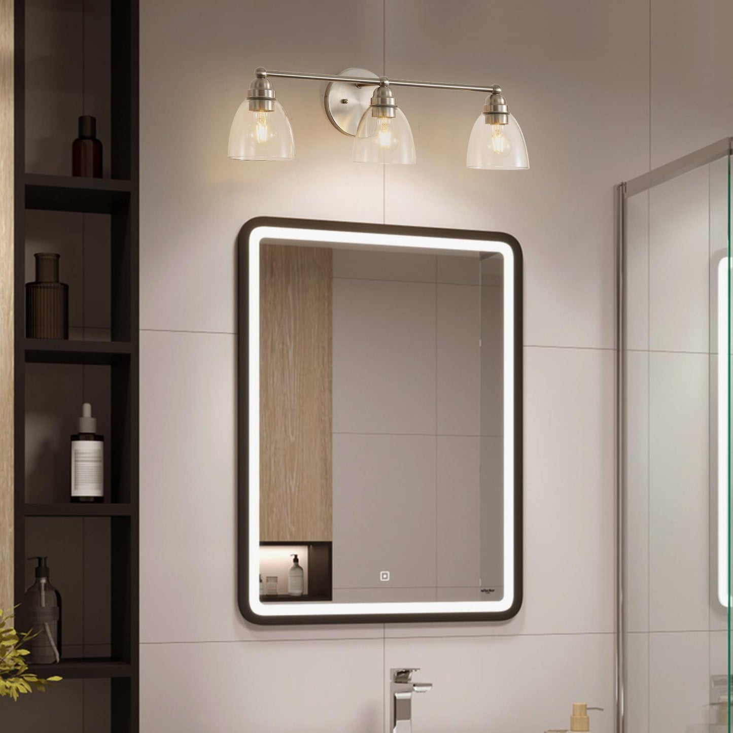Modern 3-Light Brushed Nickel Bathroom Vanity Light with Clear Glass Shade, E26 Wall Sconces Over Mirror for Living Room Bedroom Hallway (Bulb Not Included)