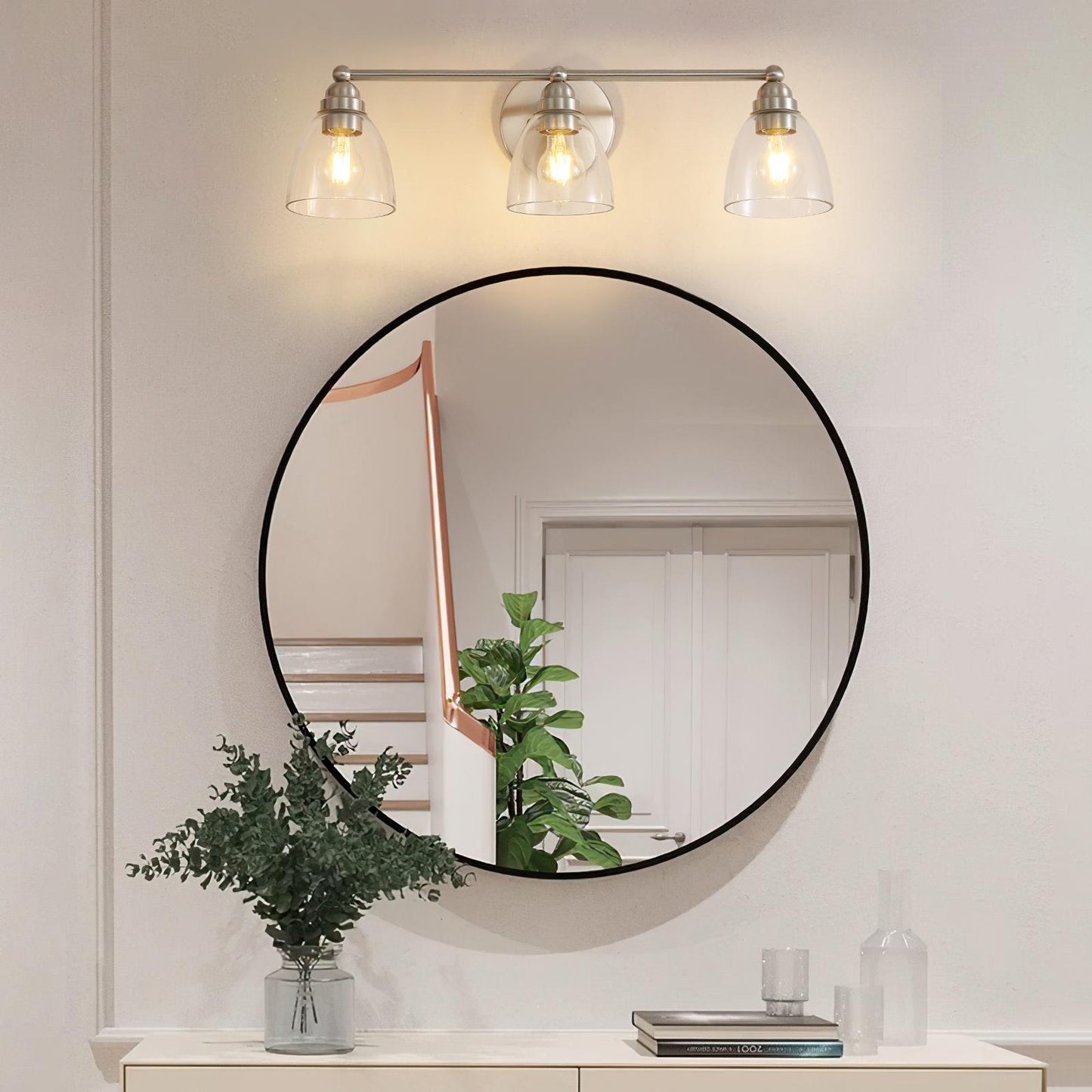 Modern 3-Light Brushed Nickel Bathroom Vanity Light with Clear Glass Shade, E26 Wall Sconces Over Mirror for Living Room Bedroom Hallway (Bulb Not Included)
