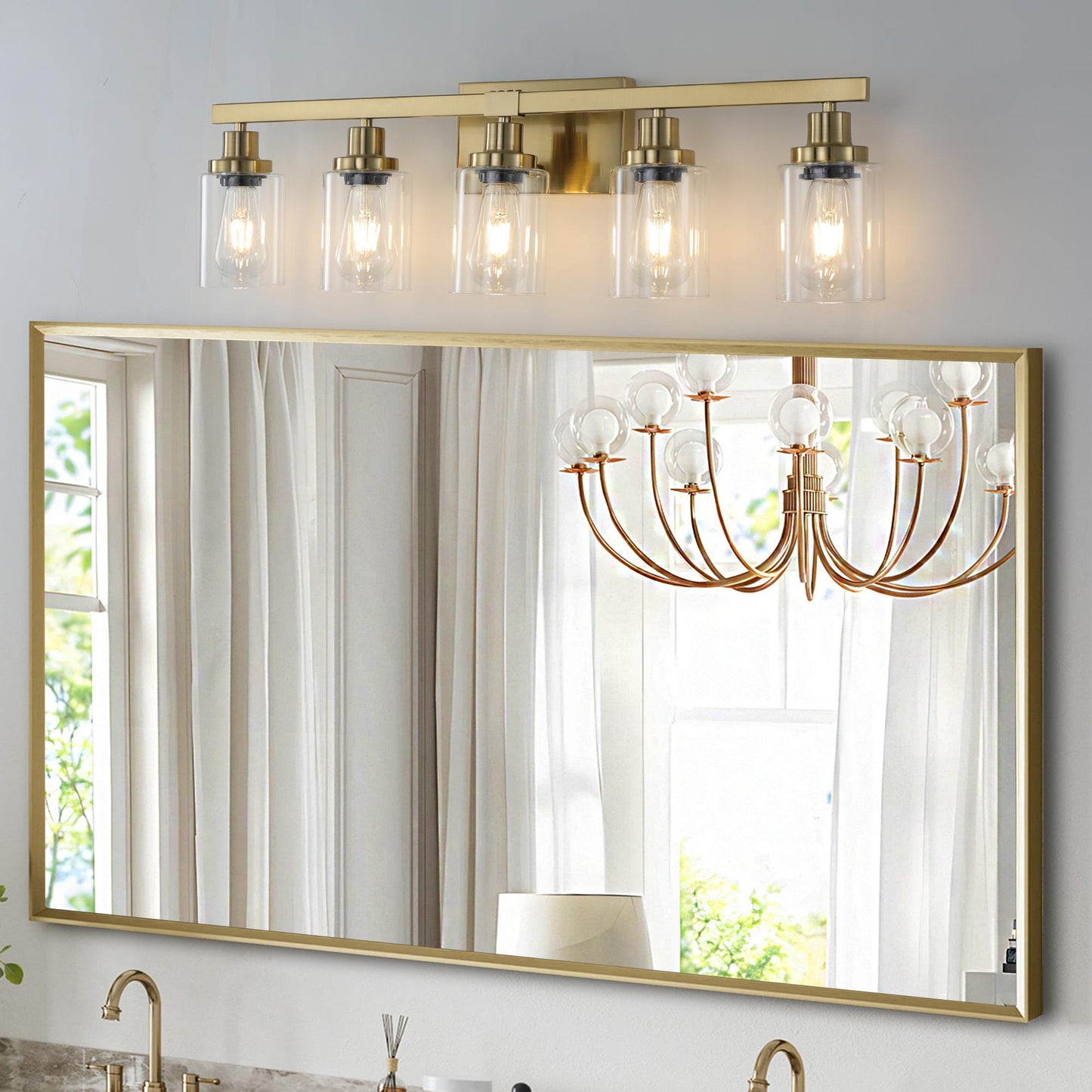 31" Golden 5-Light Vanity Light with Clear Glass Shades, Modern Iron Metal Bathroom Wall Fixture for Mirror, Ideal for Bathroom and Dressing Table (No Bulbs)
