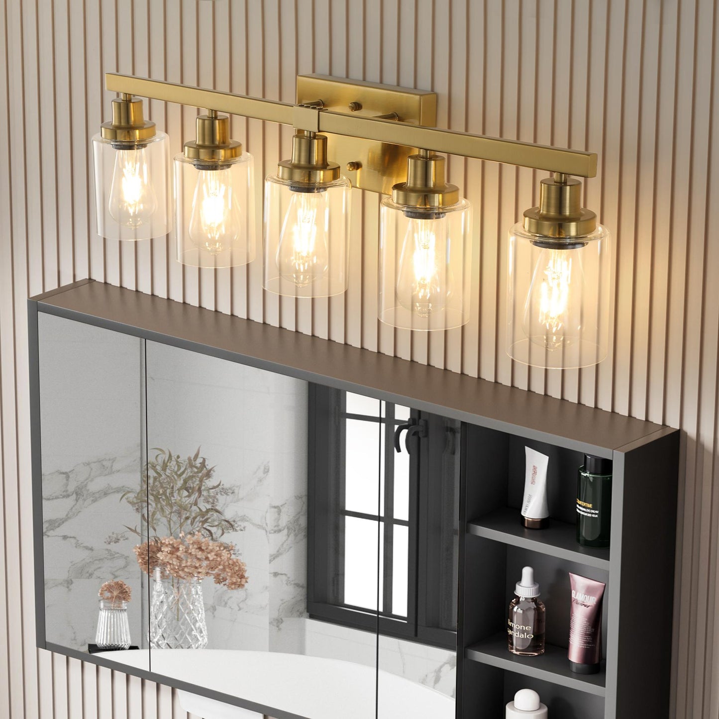31" Golden 5-Light Vanity Light with Clear Glass Shades, Modern Iron Metal Bathroom Wall Fixture for Mirror, Ideal for Bathroom and Dressing Table (No Bulbs)
