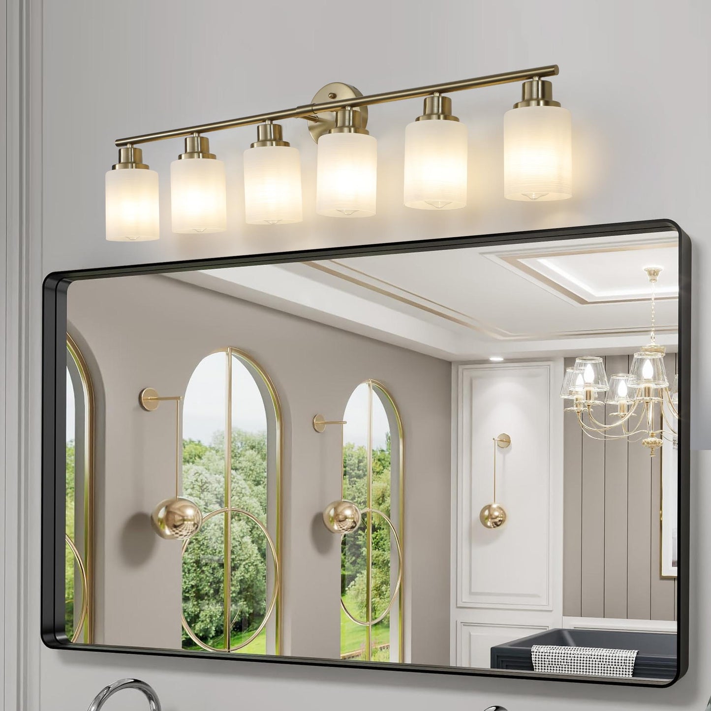 39" Modern 6-Light Vanity Wall Sconce, Golden Finish with Frosted Glass Shades for Bathroom or Hallway Lighting (No Bulbs)
