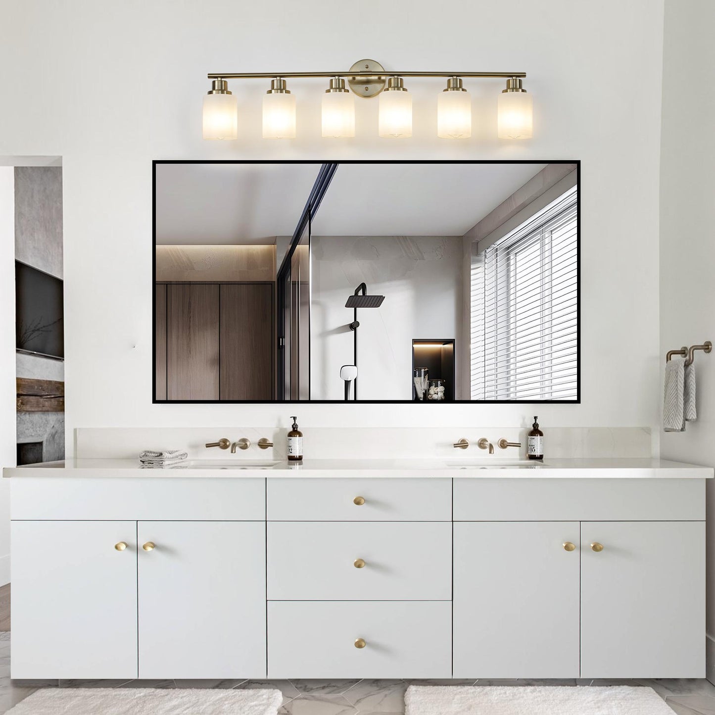 39" Modern 6-Light Vanity Wall Sconce, Golden Finish with Frosted Glass Shades for Bathroom or Hallway Lighting (No Bulbs)