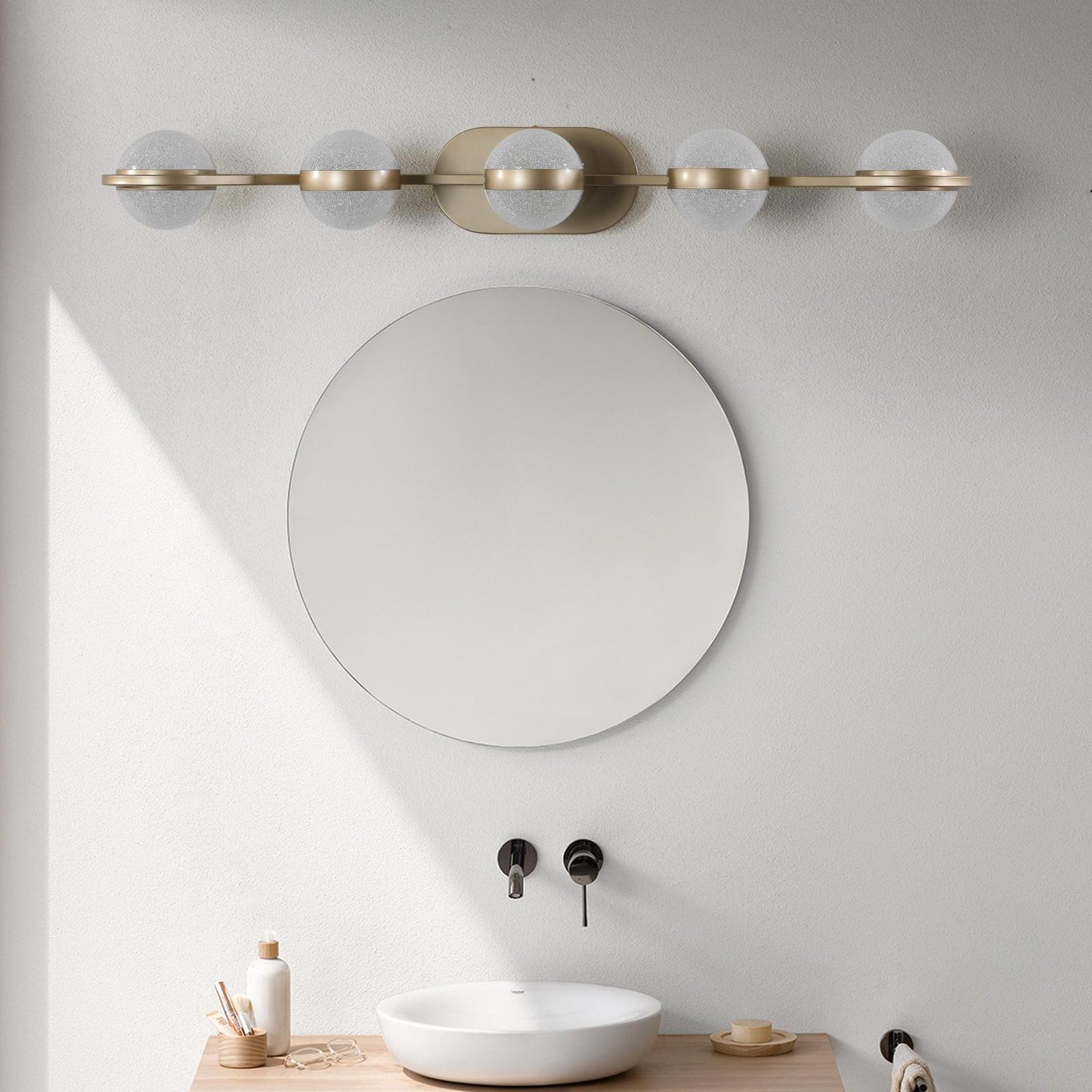 35" Modern Minimalist Bathroom Vanity Light, LED 5 Bulb Crystal Sand Acrylic Shades, Wall Mounted Decorative Lighting Fixture, Suitable for Bathroom Vanity Mirror (Champagne Gold)
