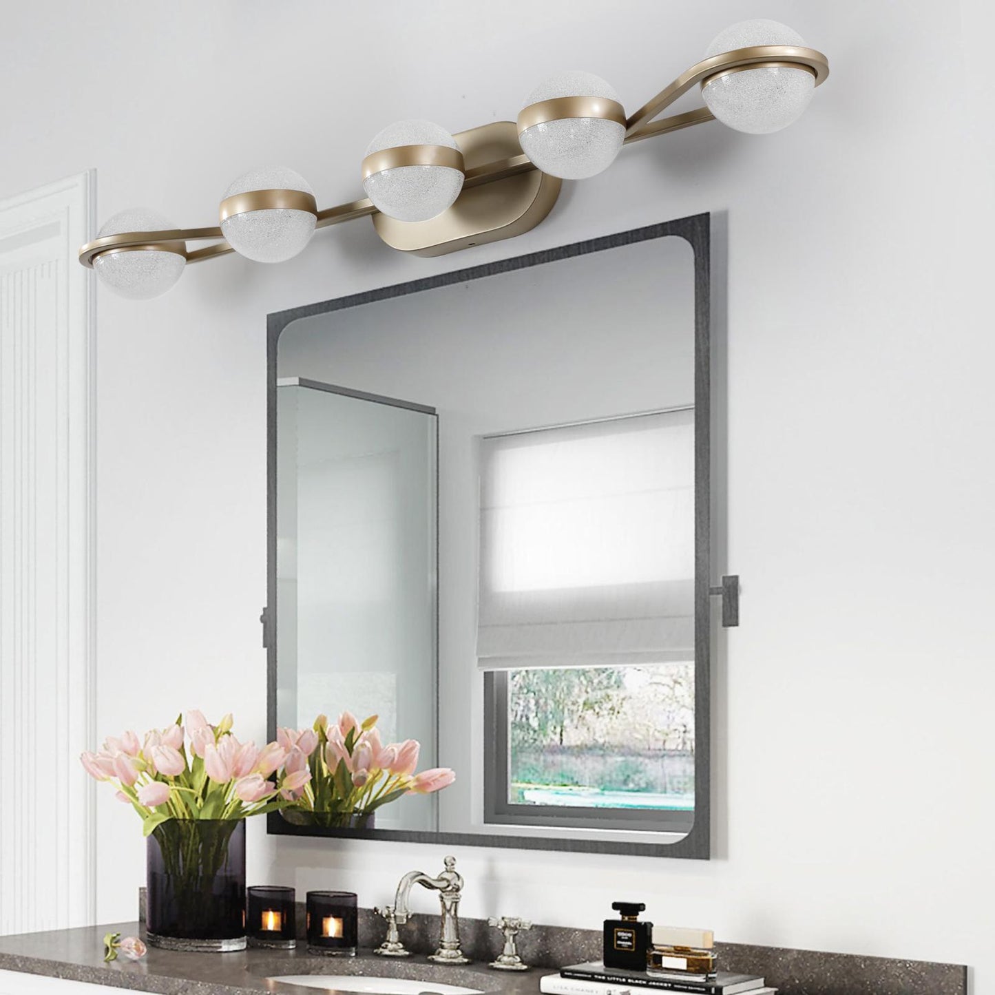 35" Modern Minimalist Bathroom Vanity Light, LED 5 Bulb Crystal Sand Acrylic Shades, Wall Mounted Decorative Lighting Fixture, Suitable for Bathroom Vanity Mirror (Champagne Gold)