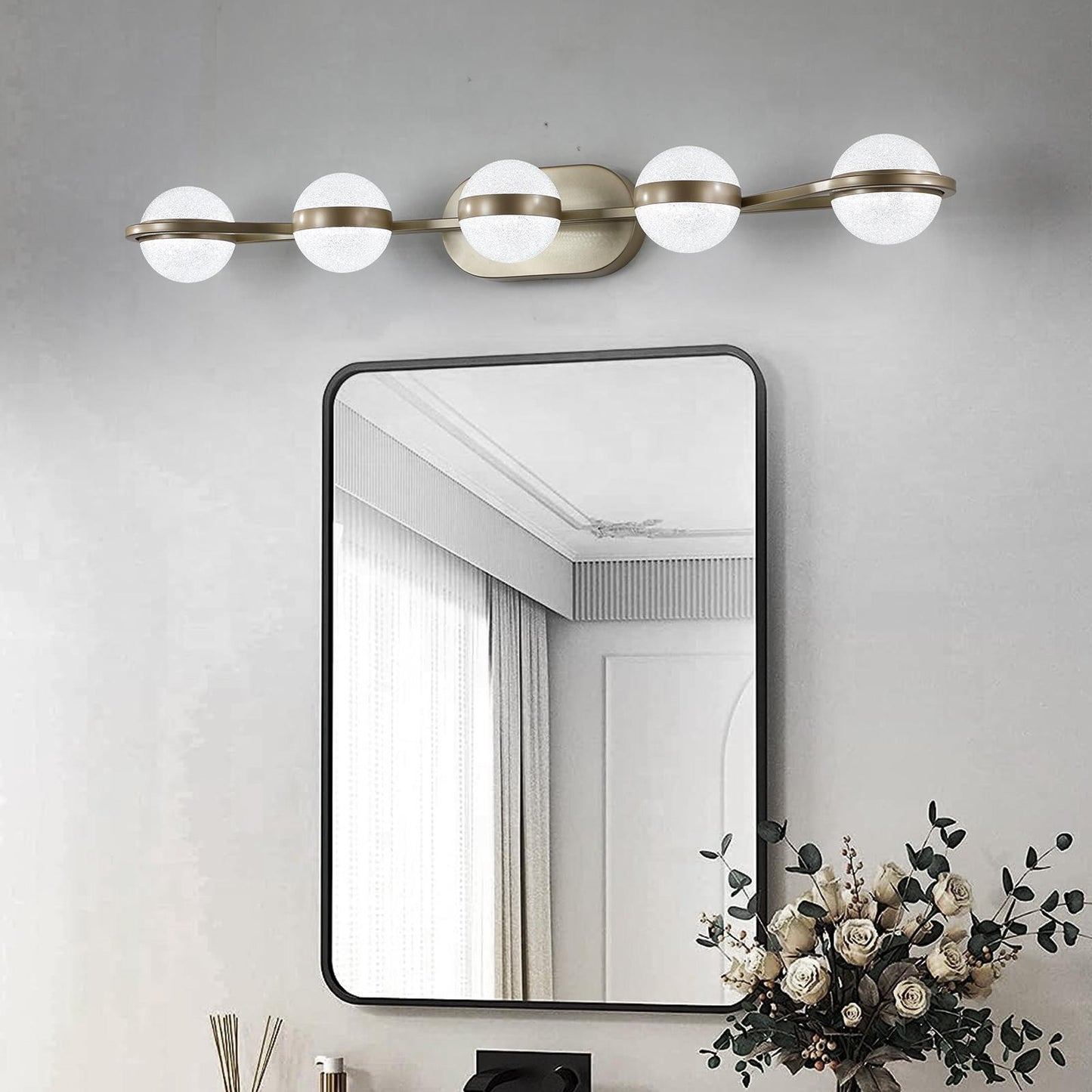 35" Modern Minimalist Bathroom Vanity Light, LED 5 Bulb Crystal Sand Acrylic Shades, Wall Mounted Decorative Lighting Fixture, Suitable for Bathroom Vanity Mirror (Champagne Gold)
