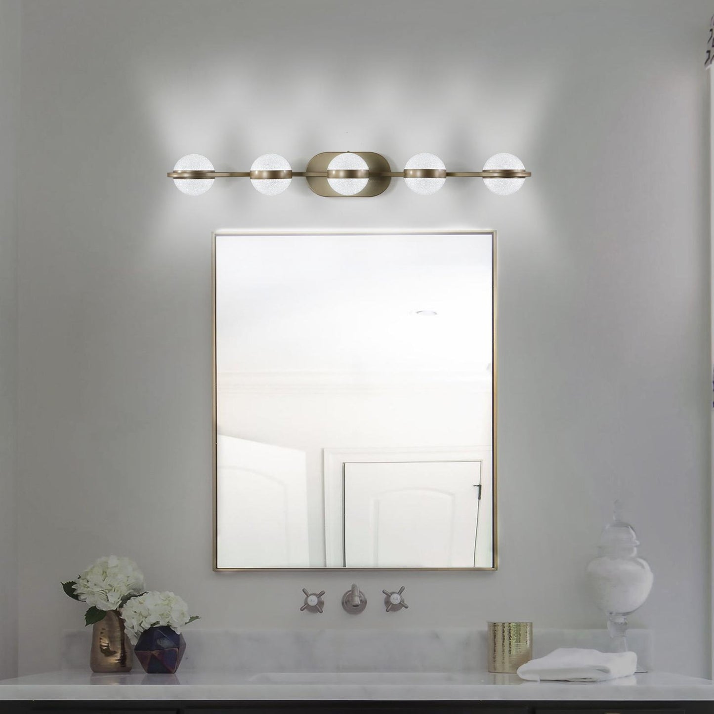 35" Modern Minimalist Bathroom Vanity Light, LED 5 Bulb Crystal Sand Acrylic Shades, Wall Mounted Decorative Lighting Fixture, Suitable for Bathroom Vanity Mirror (Champagne Gold)
