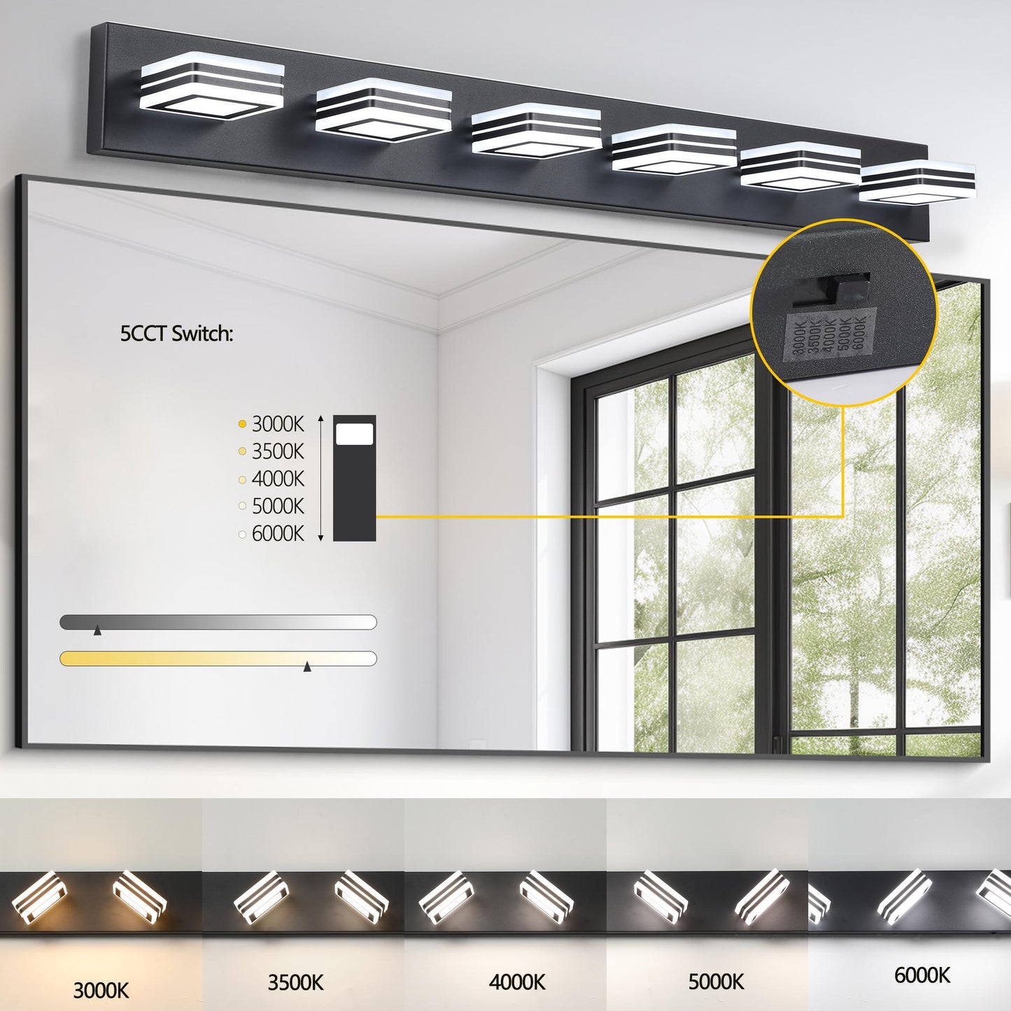 40" Modern 6-Light LED Vanity Light - Sleek Bathroom Wall Fixture, Iron & Acrylic, Dimmable & Energy-Efficient, Ideal for Mirror Lighting