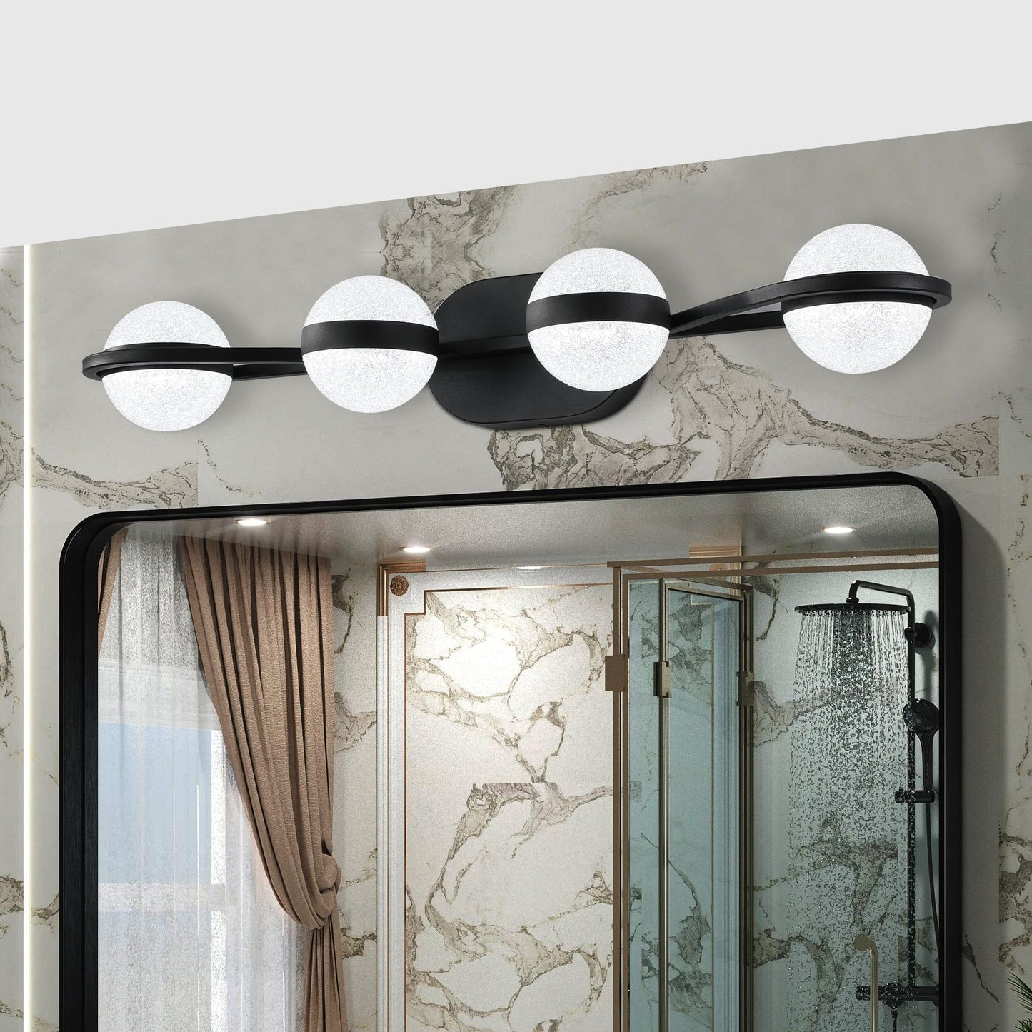 (Same as W1340P143677/L2001-B-4) 30" Black Minimalist LED Bathroom Vanity Light with Crystal Sand Acrylic Shades, 4-Light Wall Mounted Decorative Lighting Fixture, Suitable for Bathroom Vanity Mirror