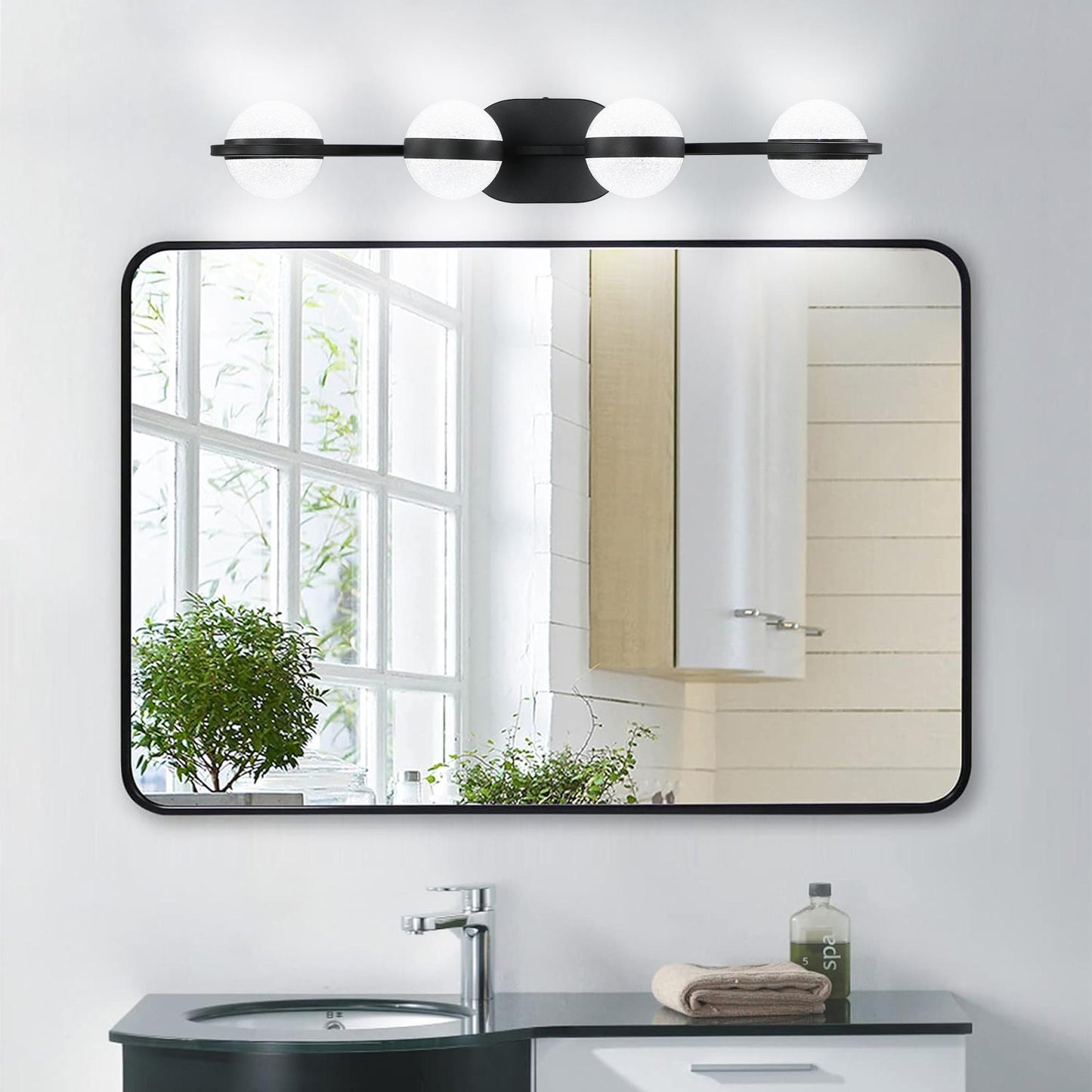 (Same as W1340P143677/L2001-B-4) 30" Black Minimalist LED Bathroom Vanity Light with Crystal Sand Acrylic Shades, 4-Light Wall Mounted Decorative Lighting Fixture, Suitable for Bathroom Vanity Mirror
