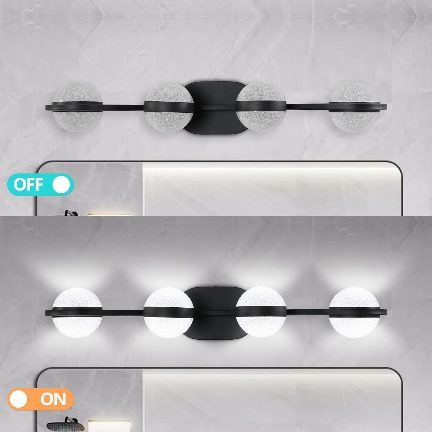 (Same as W1340P143677/L2001-B-4) 30" Black Minimalist LED Bathroom Vanity Light with Crystal Sand Acrylic Shades, 4-Light Wall Mounted Decorative Lighting Fixture, Suitable for Bathroom Vanity Mirror