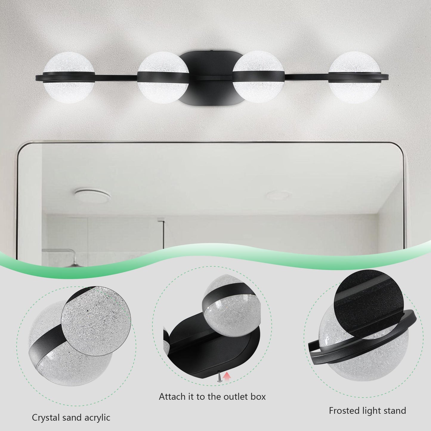 (Same as W1340P143677/L2001-B-4) 30" Black Minimalist LED Bathroom Vanity Light with Crystal Sand Acrylic Shades, 4-Light Wall Mounted Decorative Lighting Fixture, Suitable for Bathroom Vanity Mirror