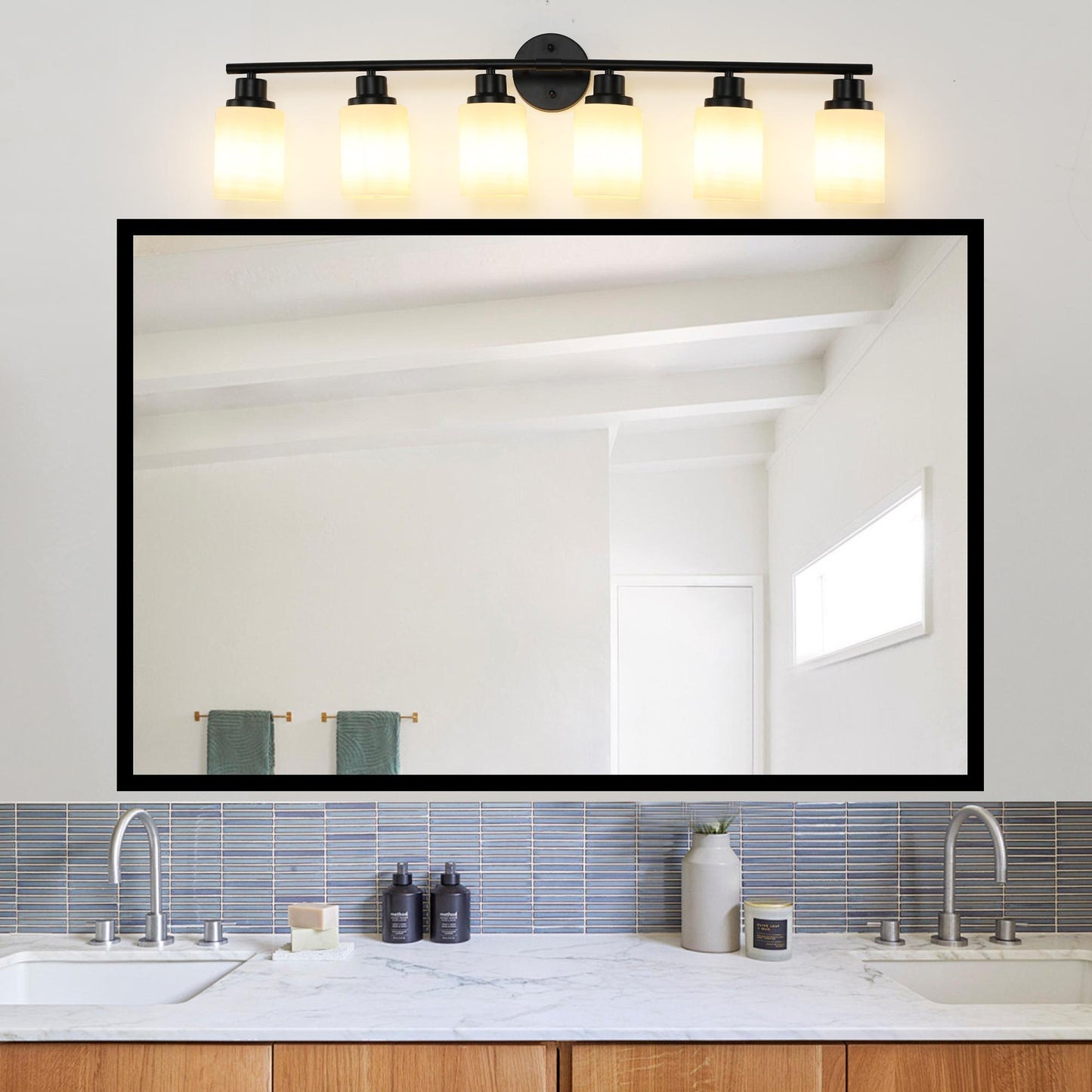 39" Modern 6-Light Vanity Bathroom Mirror Light, Frosted White Glass with Black Iron Frame, Contemporary Wall Sconce for Bedroom, Bathroom, and Dressing Room (No Bulbs)