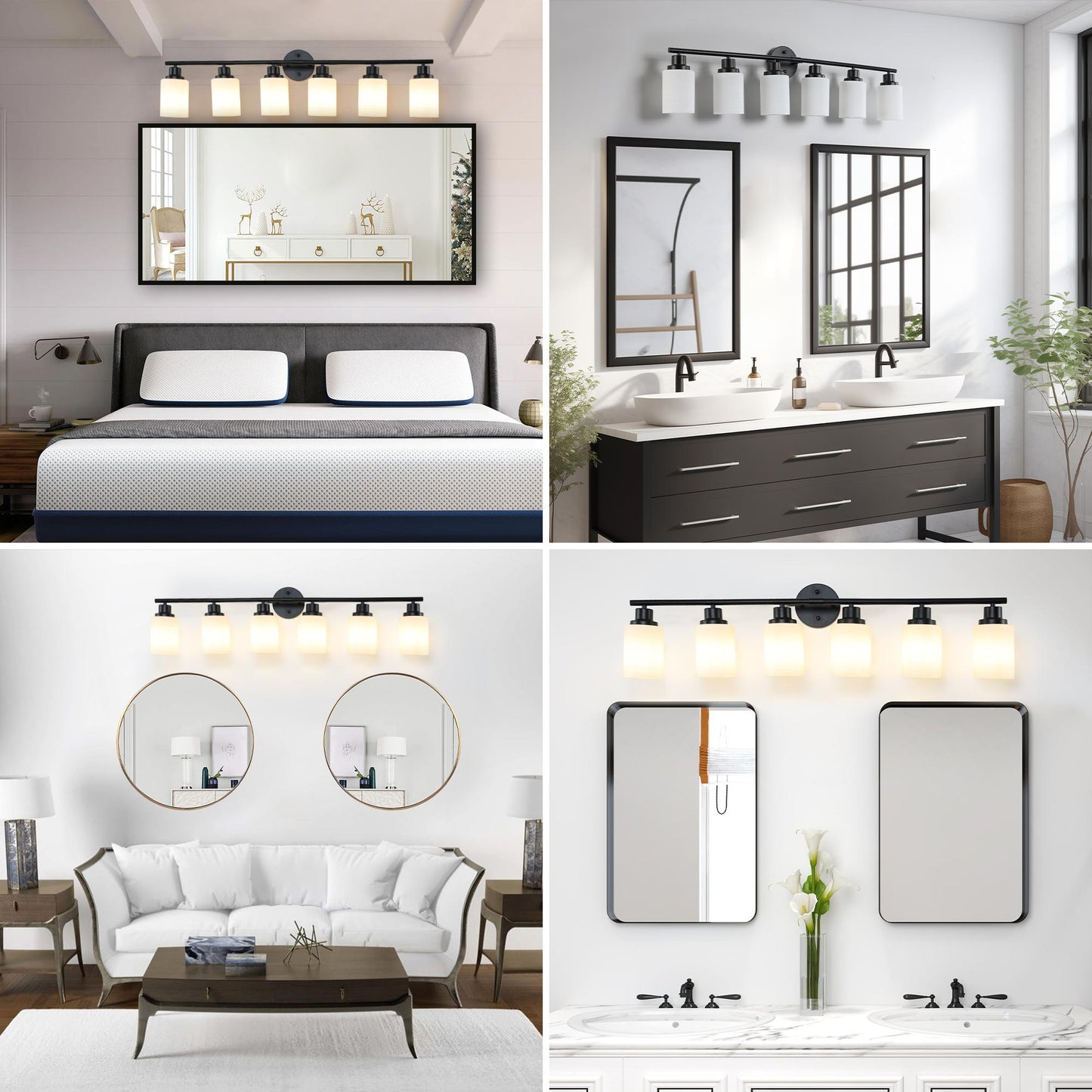 39" Modern 6-Light Vanity Bathroom Mirror Light, Frosted White Glass with Black Iron Frame, Contemporary Wall Sconce for Bedroom, Bathroom, and Dressing Room (No Bulbs)