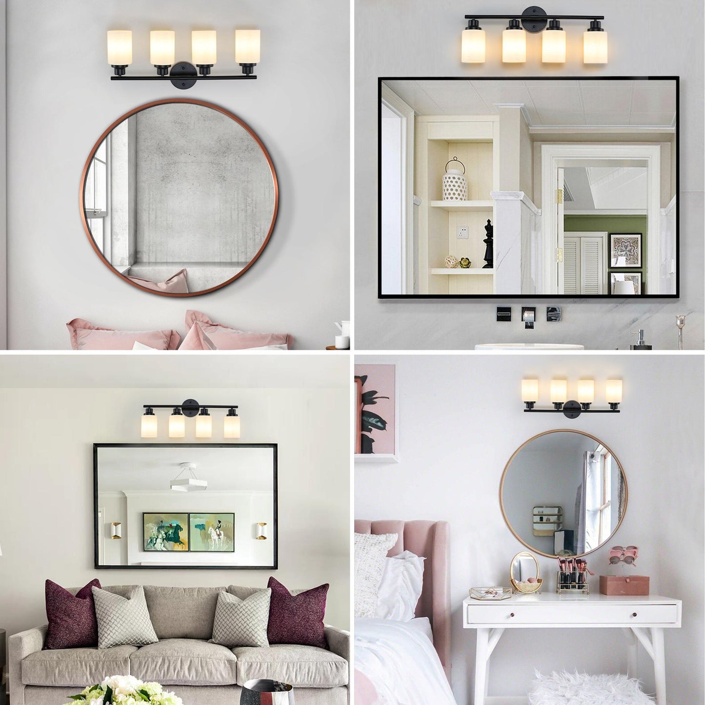 24" Modern 4-Light Vanity Bathroom Mirror Light, Frosted White Glass with Black Iron Frame, Contemporary Wall Sconce for Bedroom, Bathroom, And Dressing Room (Bulb Not Included)
