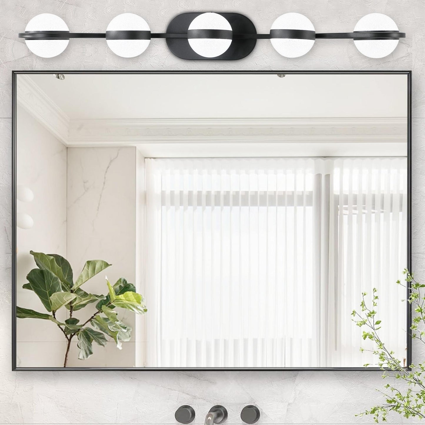 35" Modern Minimalist Bathroom Vanity Light, LED 5 Bulb Crystal Sand Acrylic Shades, Wall Mounted Decorative Lighting Fixture, Suitable for Bathroom Vanity Mirror (Black)