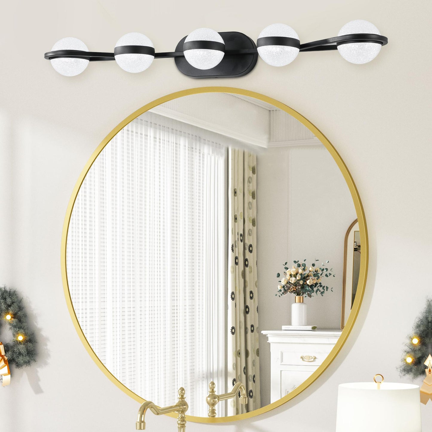 35" Modern Minimalist Bathroom Vanity Light, LED 5 Bulb Crystal Sand Acrylic Shades, Wall Mounted Decorative Lighting Fixture, Suitable for Bathroom Vanity Mirror (Black)