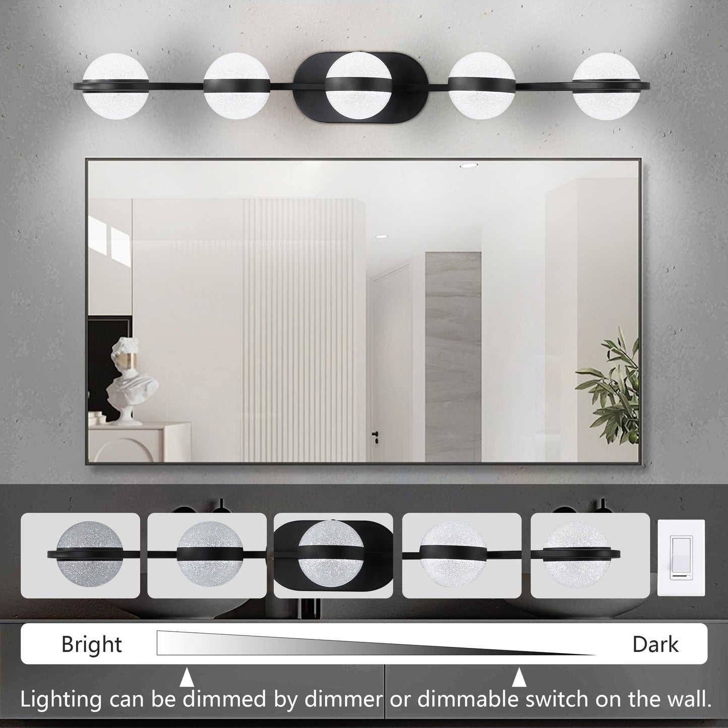 35" Modern Minimalist Bathroom Vanity Light, LED 5 Bulb Crystal Sand Acrylic Shades, Wall Mounted Decorative Lighting Fixture, Suitable for Bathroom Vanity Mirror (Black)