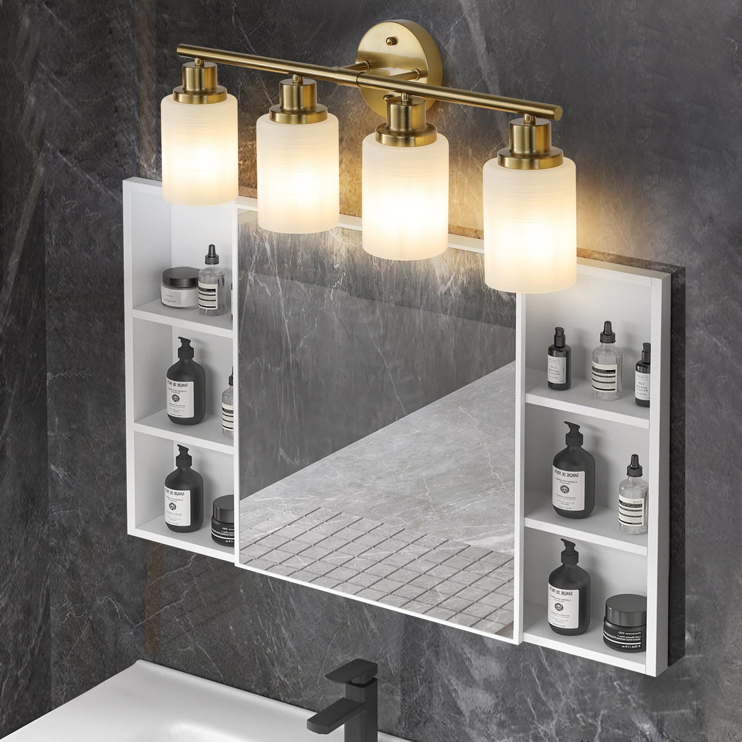 24" Modern 4-Light Vanity Wall Sconce, Golden Finish with Frosted Glass Shades for Bathroom or Hallway Lighting (No Bulbs)