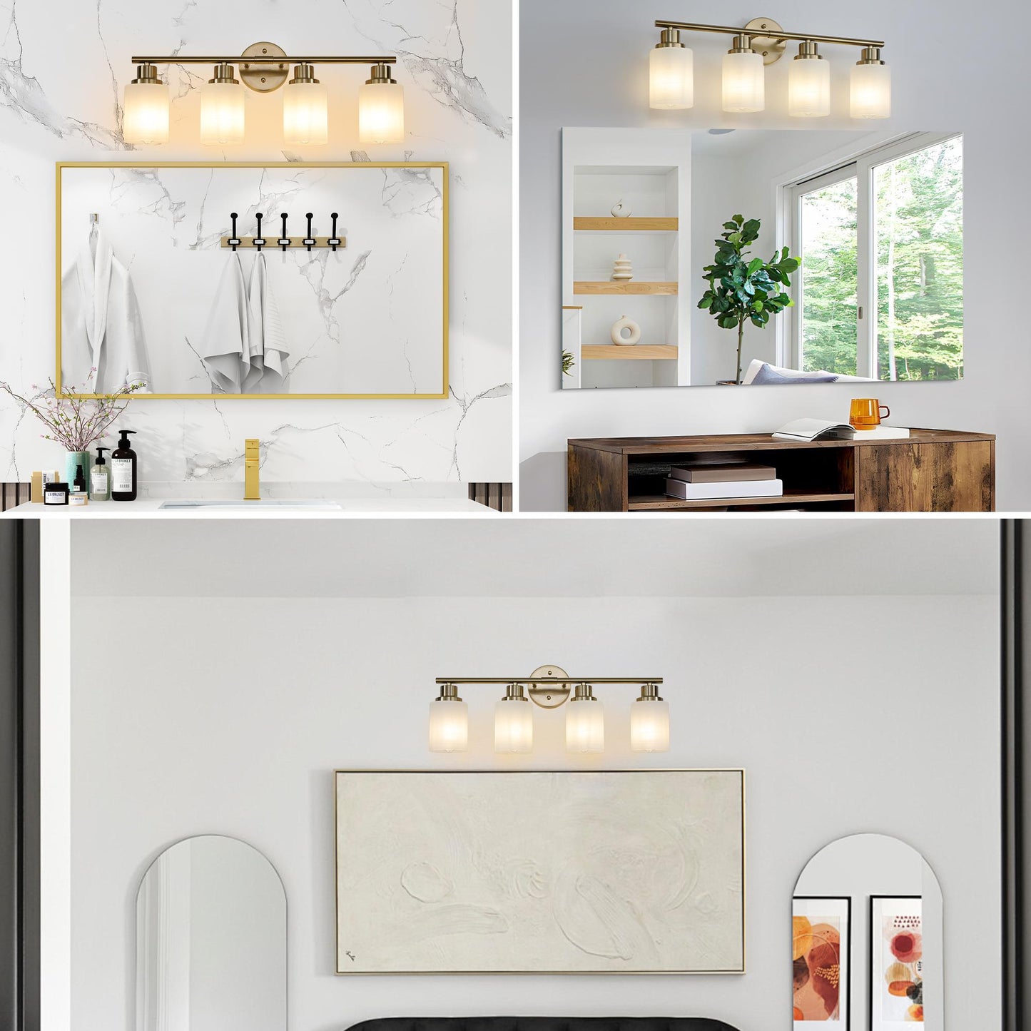 24" Modern 4-Light Vanity Wall Sconce, Golden Finish with Frosted Glass Shades for Bathroom or Hallway Lighting (No Bulbs)