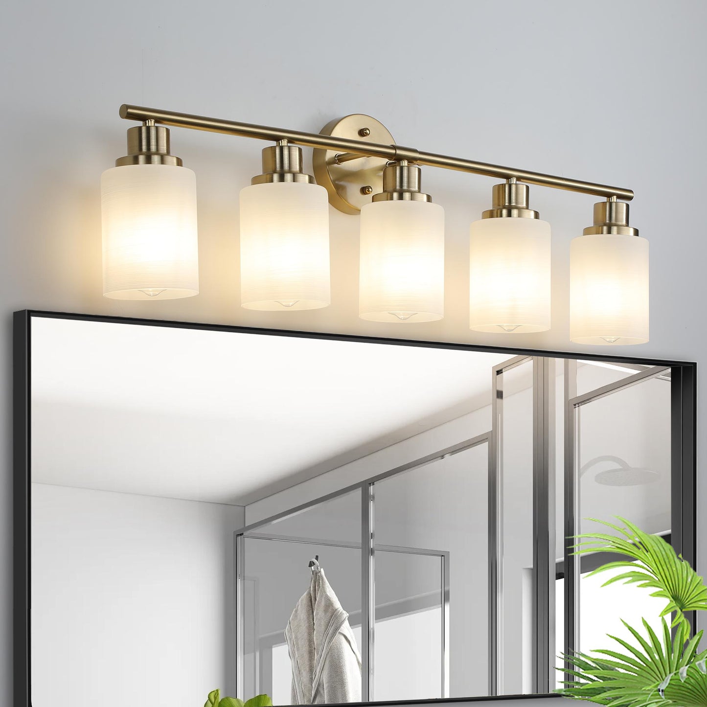 31" Modern 5-Light Vanity Wall Sconce, Golden Finish with Frosted Glass Shades for Bathroom or Hallway Lighting (No Bulbs)