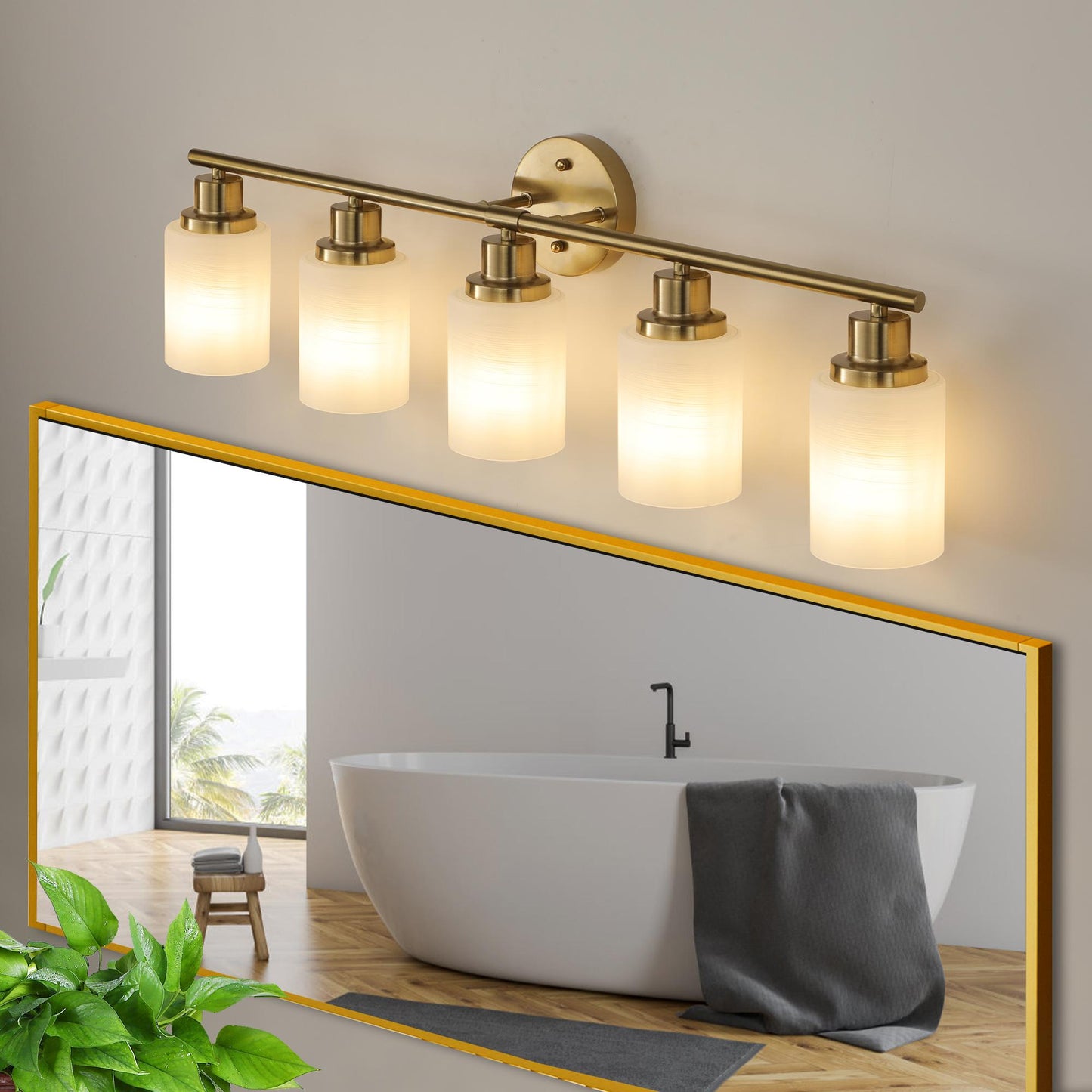 31" Modern 5-Light Vanity Wall Sconce, Golden Finish with Frosted Glass Shades for Bathroom or Hallway Lighting (No Bulbs)