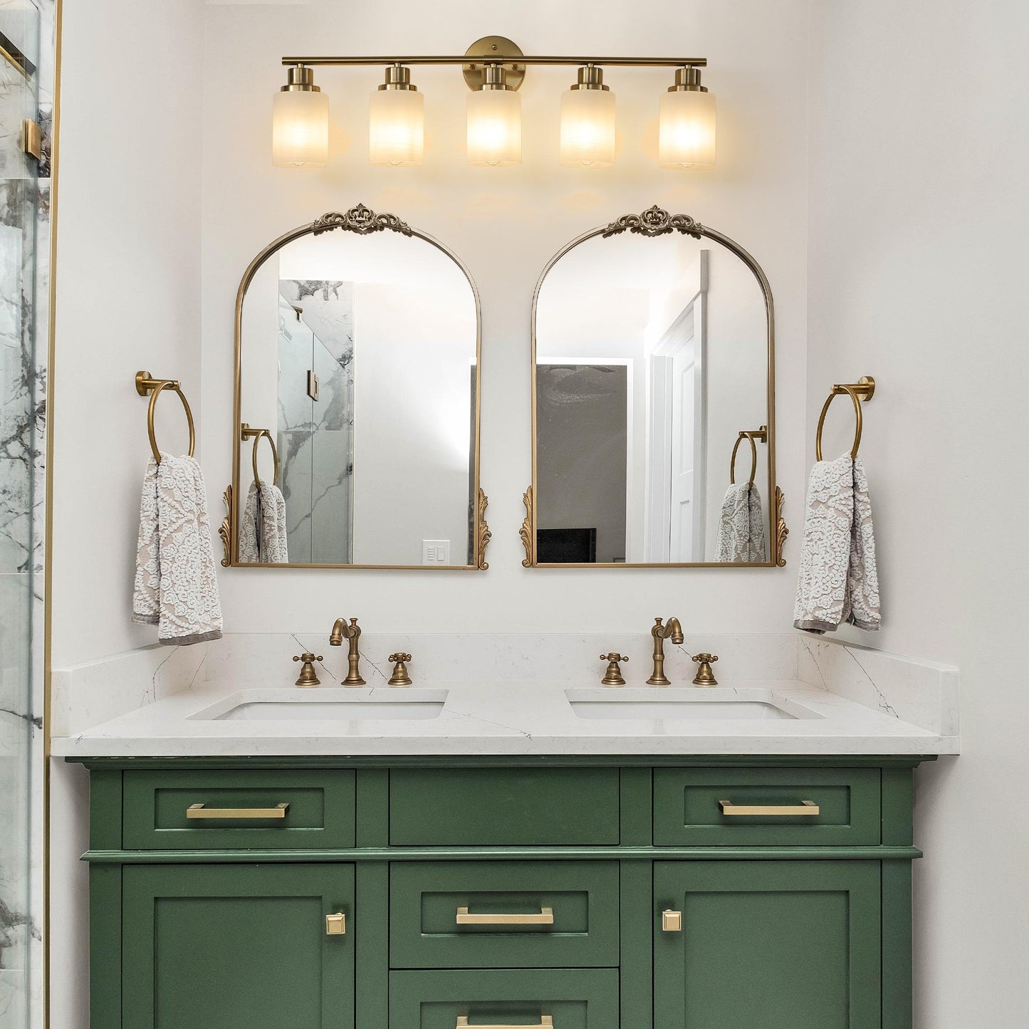 31" Modern 5-Light Vanity Wall Sconce, Golden Finish with Frosted Glass Shades for Bathroom or Hallway Lighting (No Bulbs)