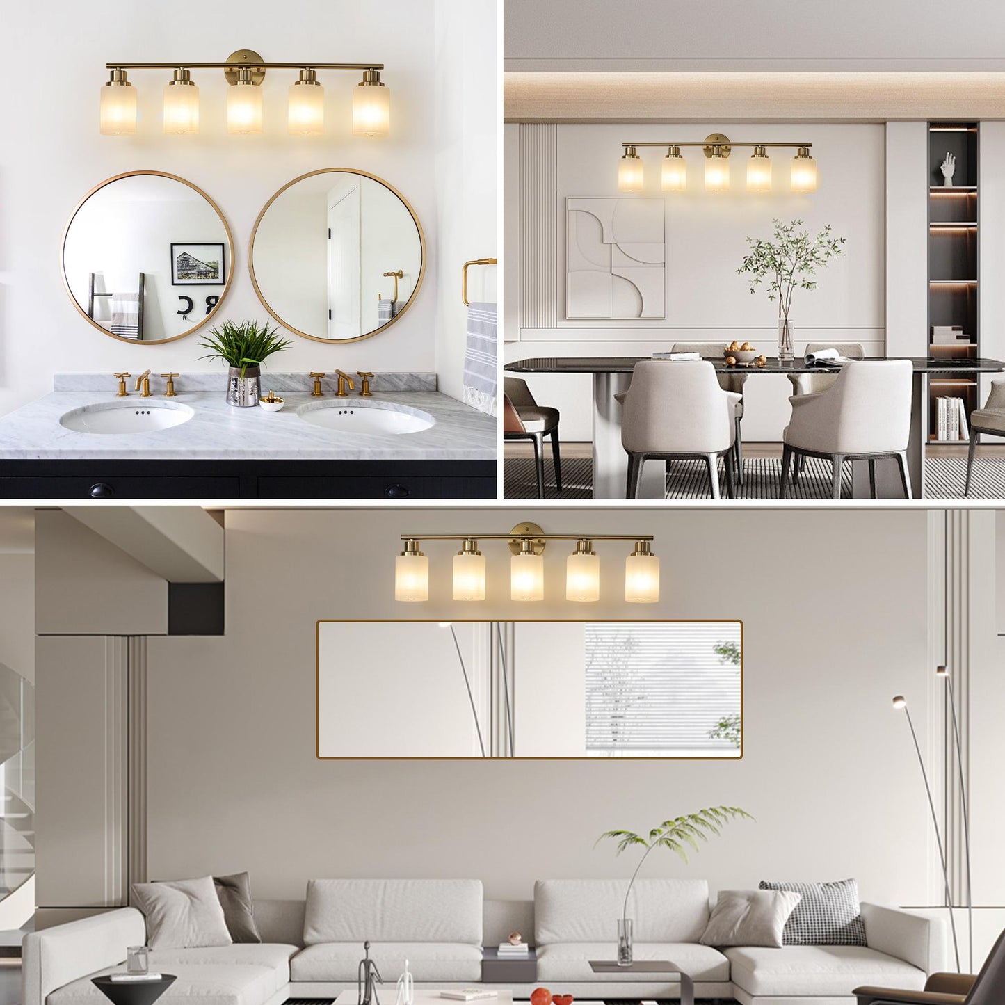 31" Modern 5-Light Vanity Wall Sconce, Golden Finish with Frosted Glass Shades for Bathroom or Hallway Lighting (No Bulbs)
