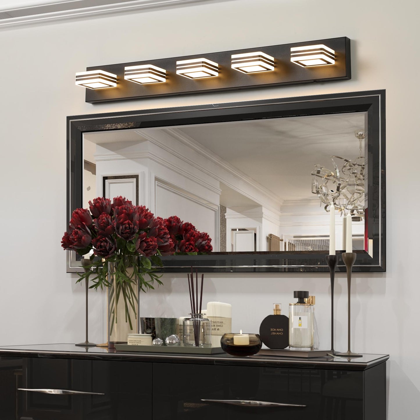 34" Modern 5-Light LED Vanity Light - Sleek Bathroom Wall Fixture, Iron & Acrylic, Dimmable & Energy-Efficient, Ideal for Mirror Lighting