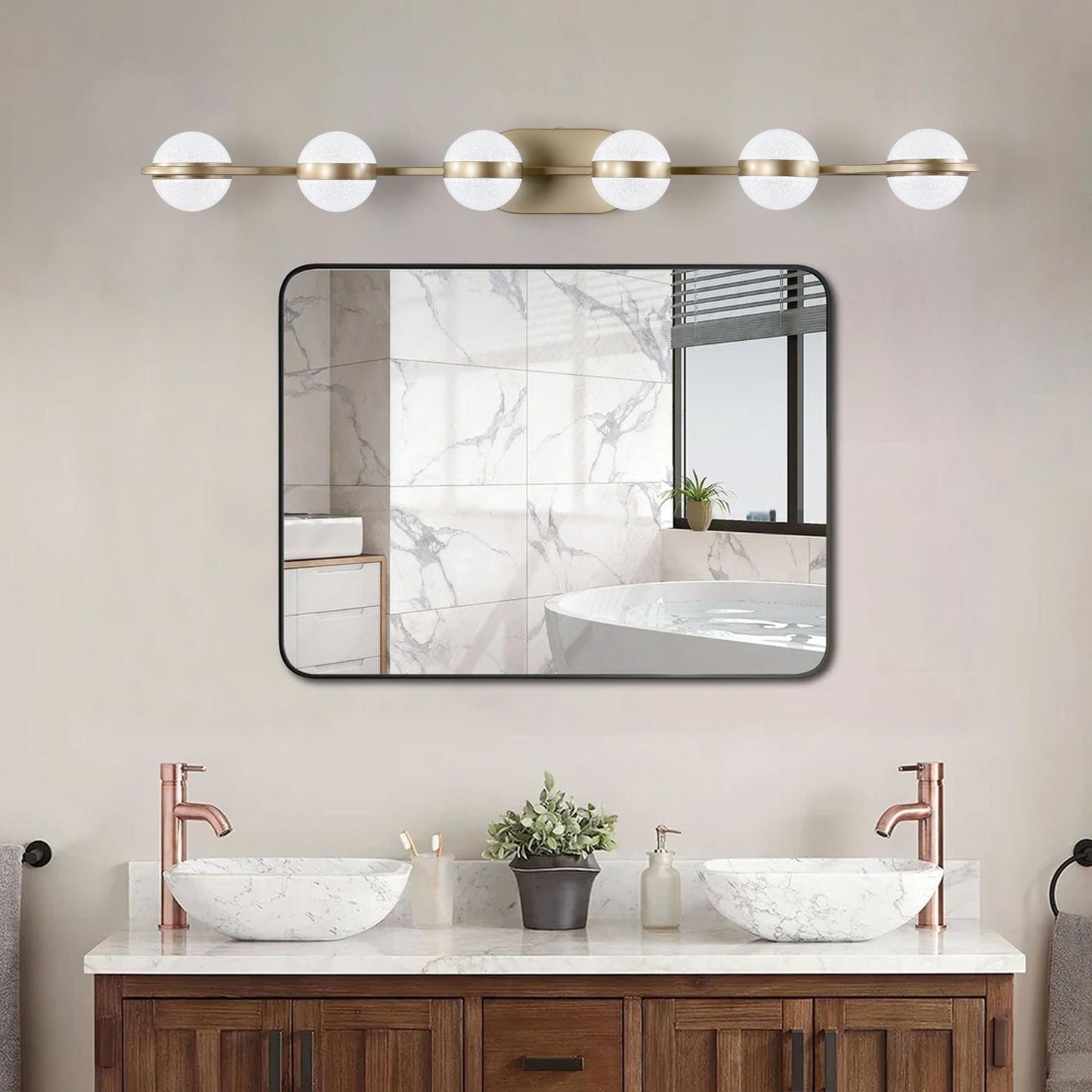 43" Gold Minimalist LED Bathroom Vanity Light with Crystal Sand Acrylic Shades, 6-Light Wall Mounted Decorative Lighting Fixture, Suitable for Bathroom Vanity Mirror