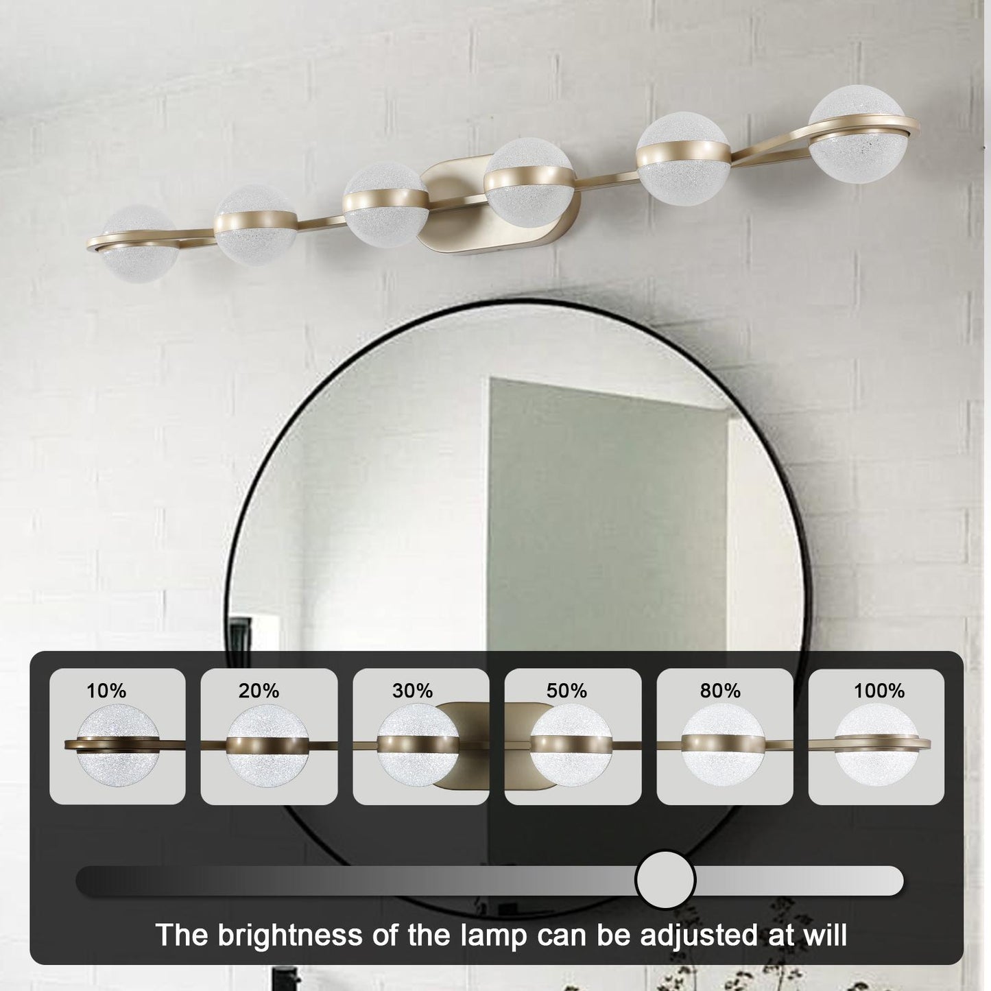 43" Gold Minimalist LED Bathroom Vanity Light with Crystal Sand Acrylic Shades, 6-Light Wall Mounted Decorative Lighting Fixture, Suitable for Bathroom Vanity Mirror