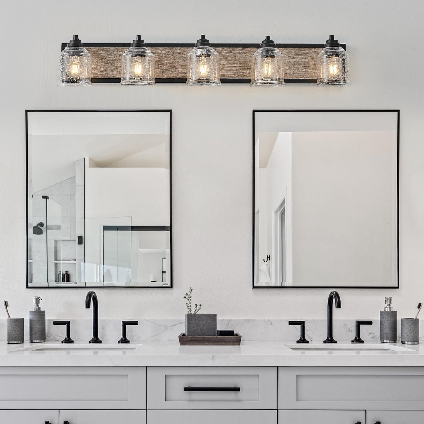 40" Farmhouse Vanity Light Fixture, 5-Light Bathroom Wall Sconce with Clear Seeded Glass Shades, Black and Wood Grain Finish, Modern Industrial Design for Bathroom or Powder Room (No Bulbs)