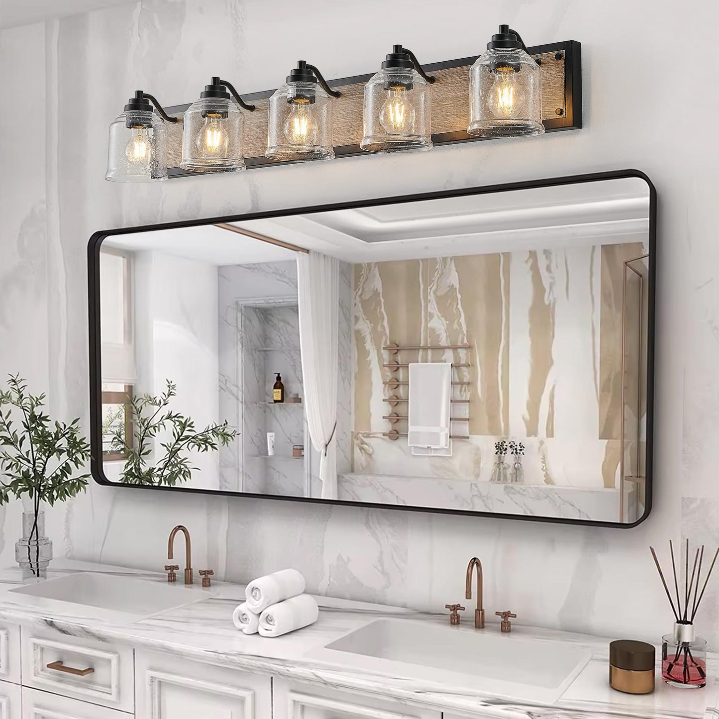 40" Farmhouse Vanity Light Fixture, 5-Light Bathroom Wall Sconce with Clear Seeded Glass Shades, Black and Wood Grain Finish, Modern Industrial Design for Bathroom or Powder Room (No Bulbs)