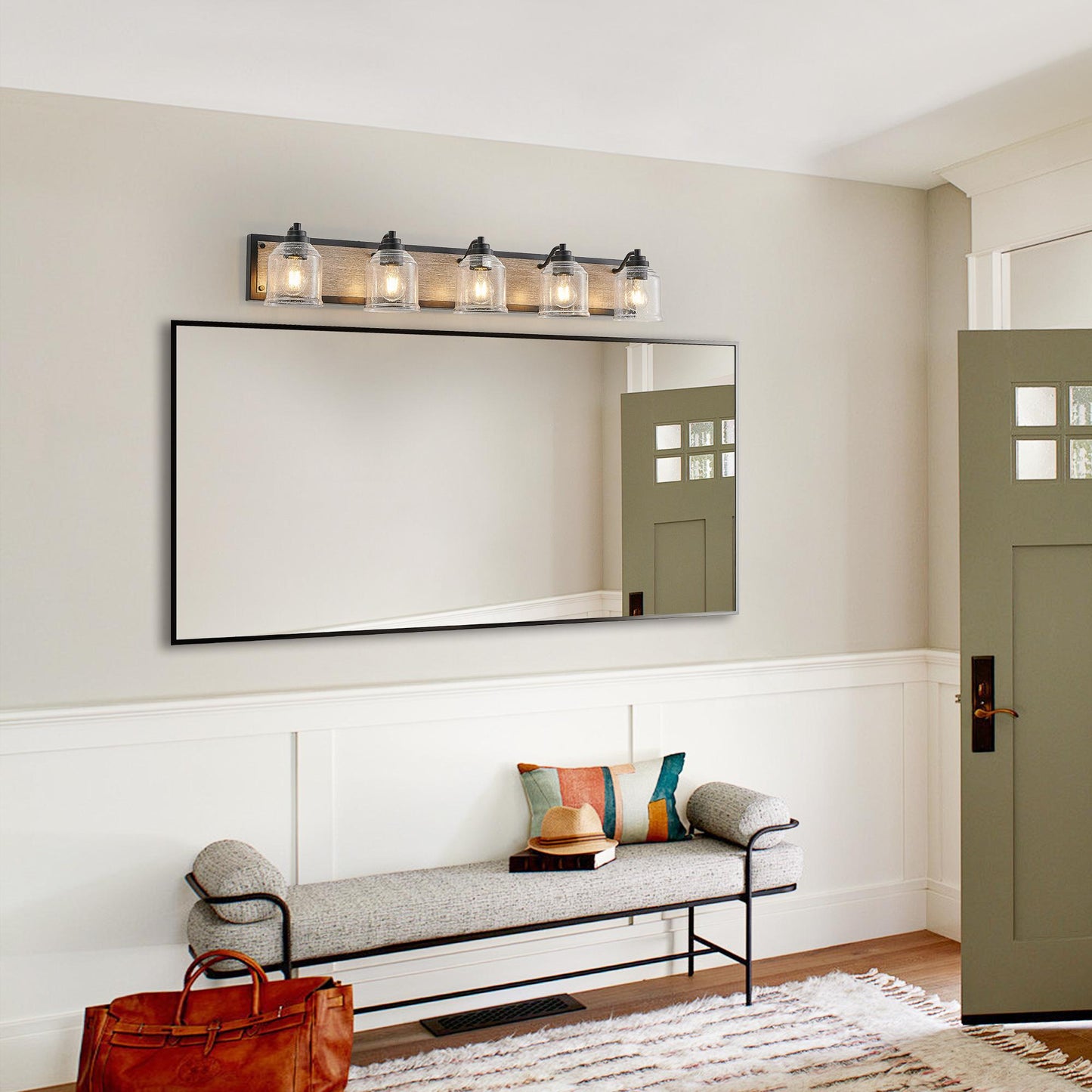 40" Farmhouse Vanity Light Fixture, 5-Light Bathroom Wall Sconce with Clear Seeded Glass Shades, Black and Wood Grain Finish, Modern Industrial Design for Bathroom or Powder Room (No Bulbs)