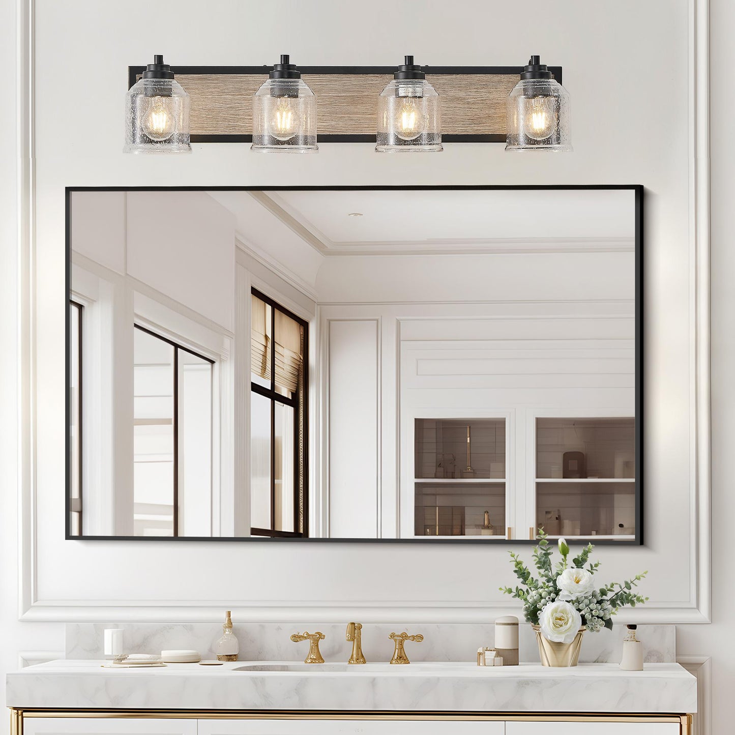 32" Farmhouse Vanity Light Fixture, 4-Light Bathroom Wall Sconce with Clear Seeded Glass Shades, Black and Wood Grain Finish, Modern Industrial Design for Bathroom or Powder Room (No Bulbs)