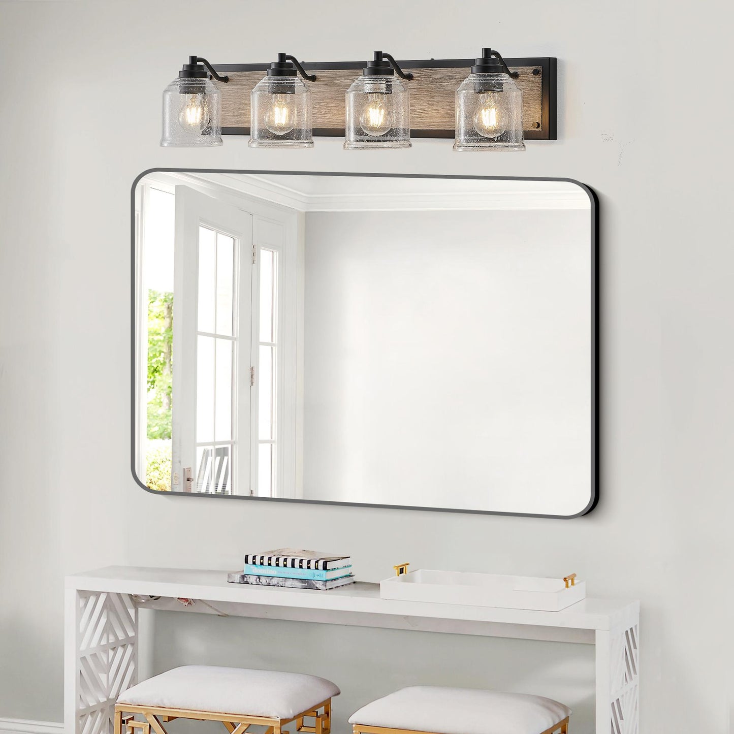 32" Farmhouse Vanity Light Fixture, 4-Light Bathroom Wall Sconce with Clear Seeded Glass Shades, Black and Wood Grain Finish, Modern Industrial Design for Bathroom or Powder Room (No Bulbs)