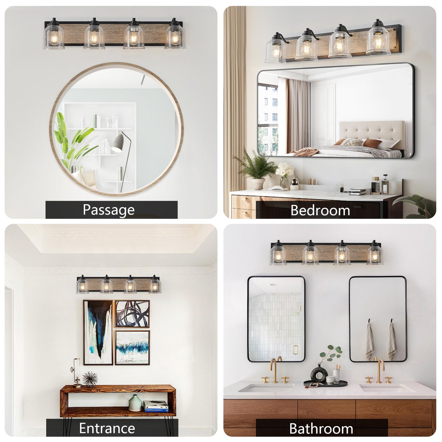 32" Farmhouse Vanity Light Fixture, 4-Light Bathroom Wall Sconce with Clear Seeded Glass Shades, Black and Wood Grain Finish, Modern Industrial Design for Bathroom or Powder Room (No Bulbs)