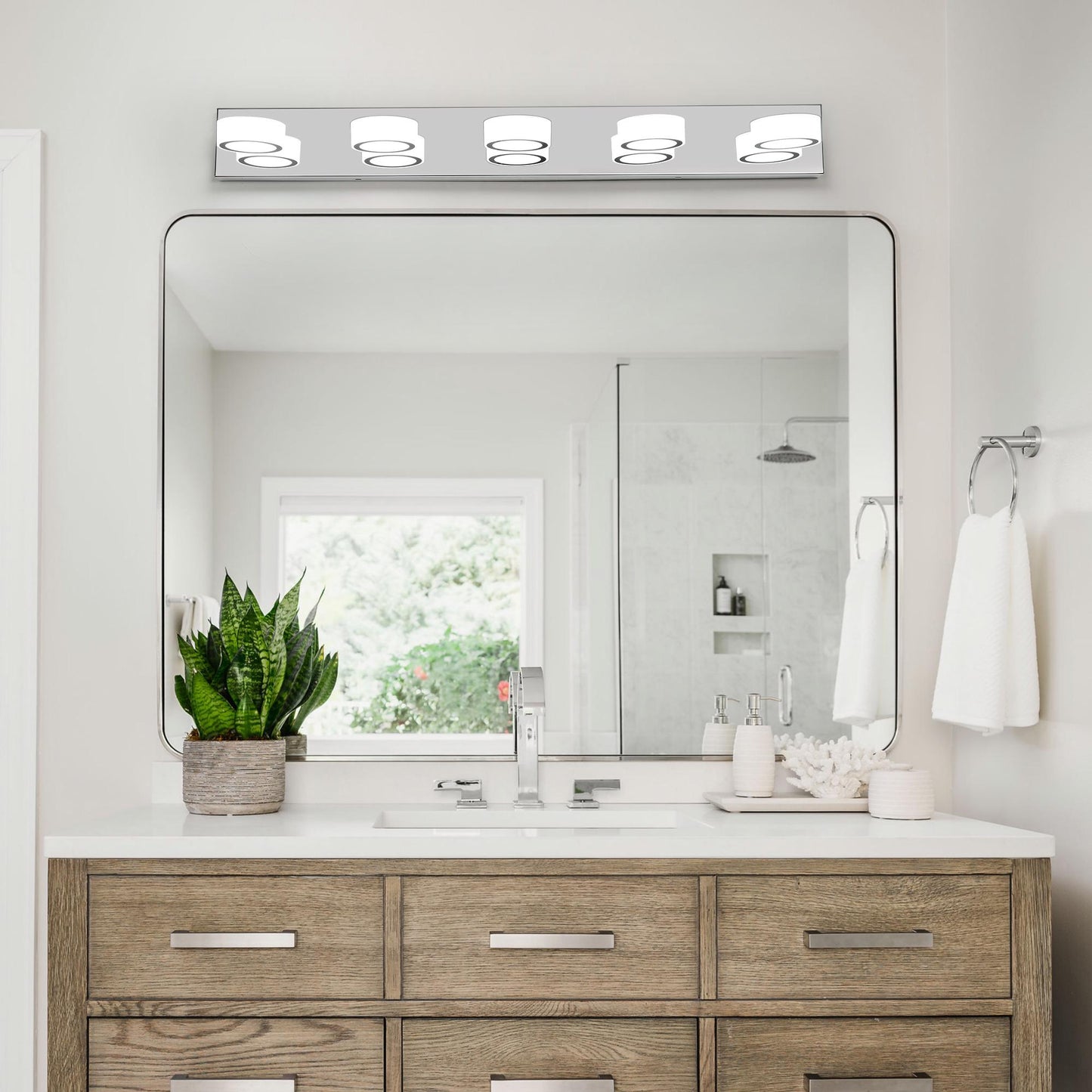 37" Modern 5-Light LED Vanity Light Fixture - Chrome Finish with Acrylic Light Shades - Energy-Efficient Bathroom Wall Sconce - Dimmable for Mirror, Shower, and Bathroom Decor