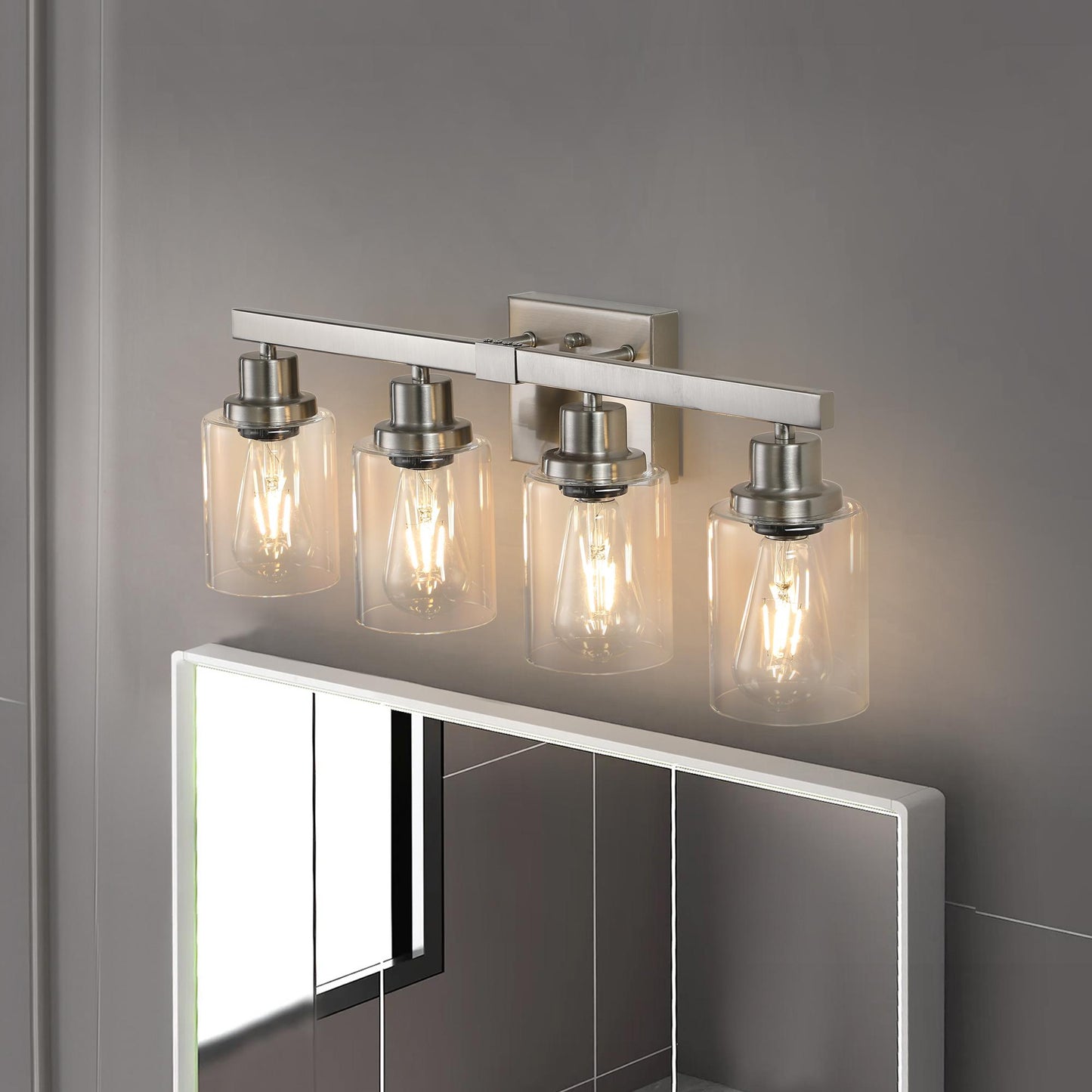 24" Modern 4-Light Bathroom Vanity Light Fixture - Brushed Nickel Finish with Clear Glass Shades, Perfect for Bathroom, Vanity, and Dressing Area Lighting (No Bulbs)