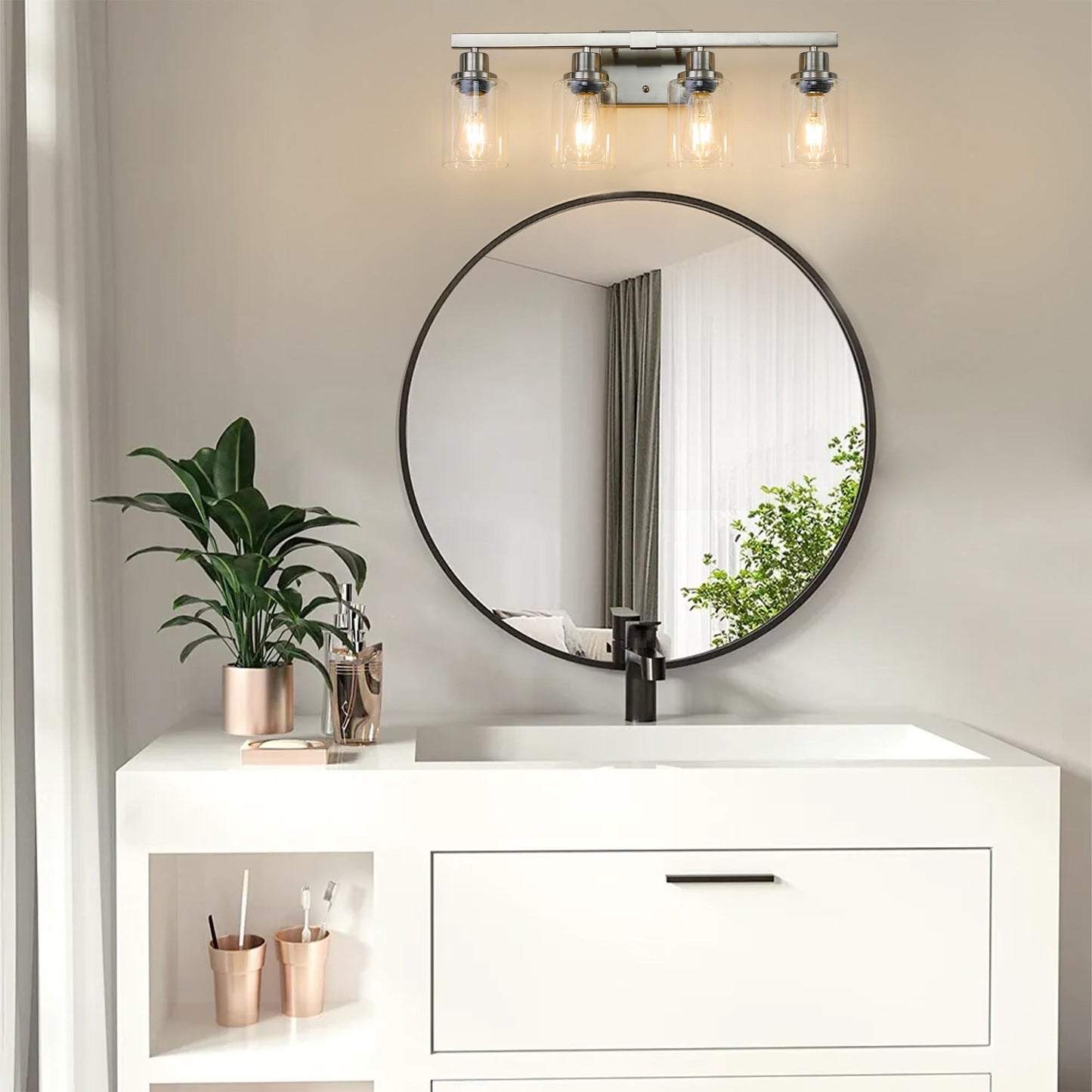 24" Modern 4-Light Bathroom Vanity Light Fixture - Brushed Nickel Finish with Clear Glass Shades, Perfect for Bathroom, Vanity, and Dressing Area Lighting (No Bulbs)
